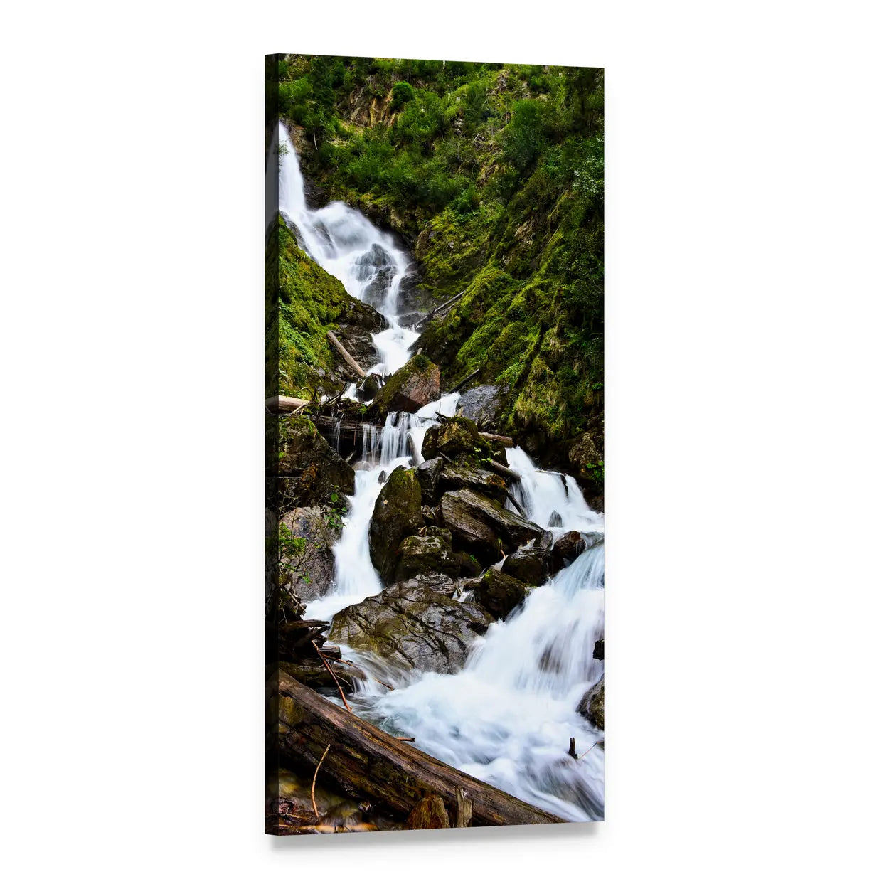 Waterfall Amid Wood Trunks and Boulders Vertical Canvas Wall Art, 1 panel 1 Vertical layout gallery wrapped canvas set, angled product view