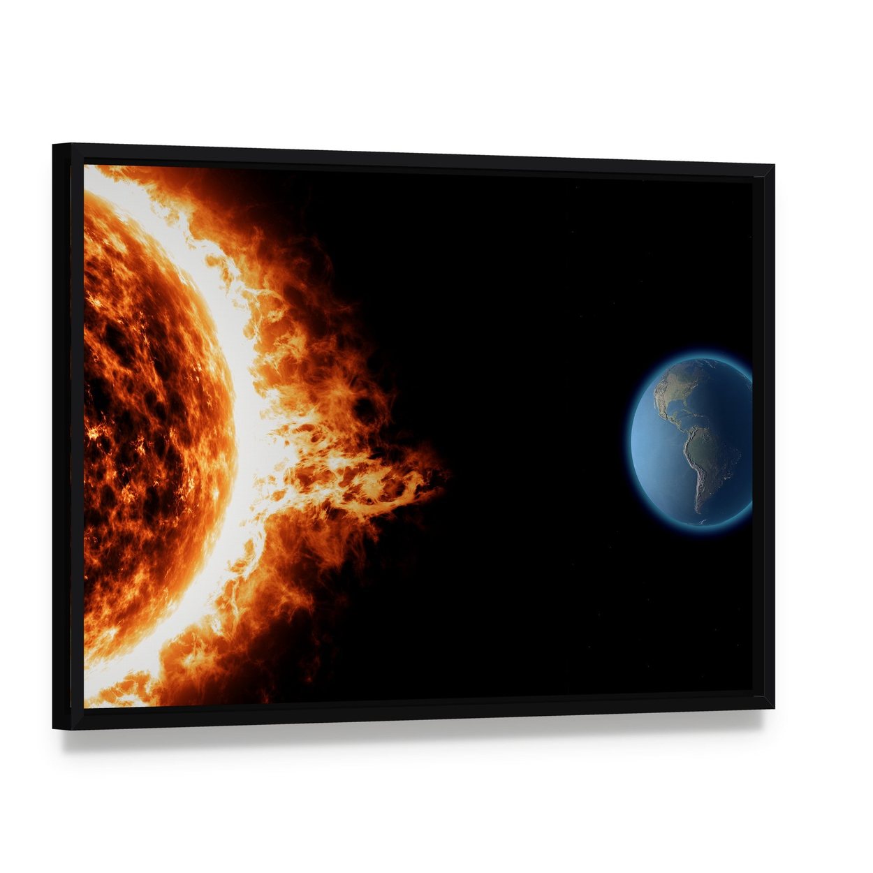 Solar Storm and Earth Canvas Wall Art, framed canvas in a black floater frame, angled product view