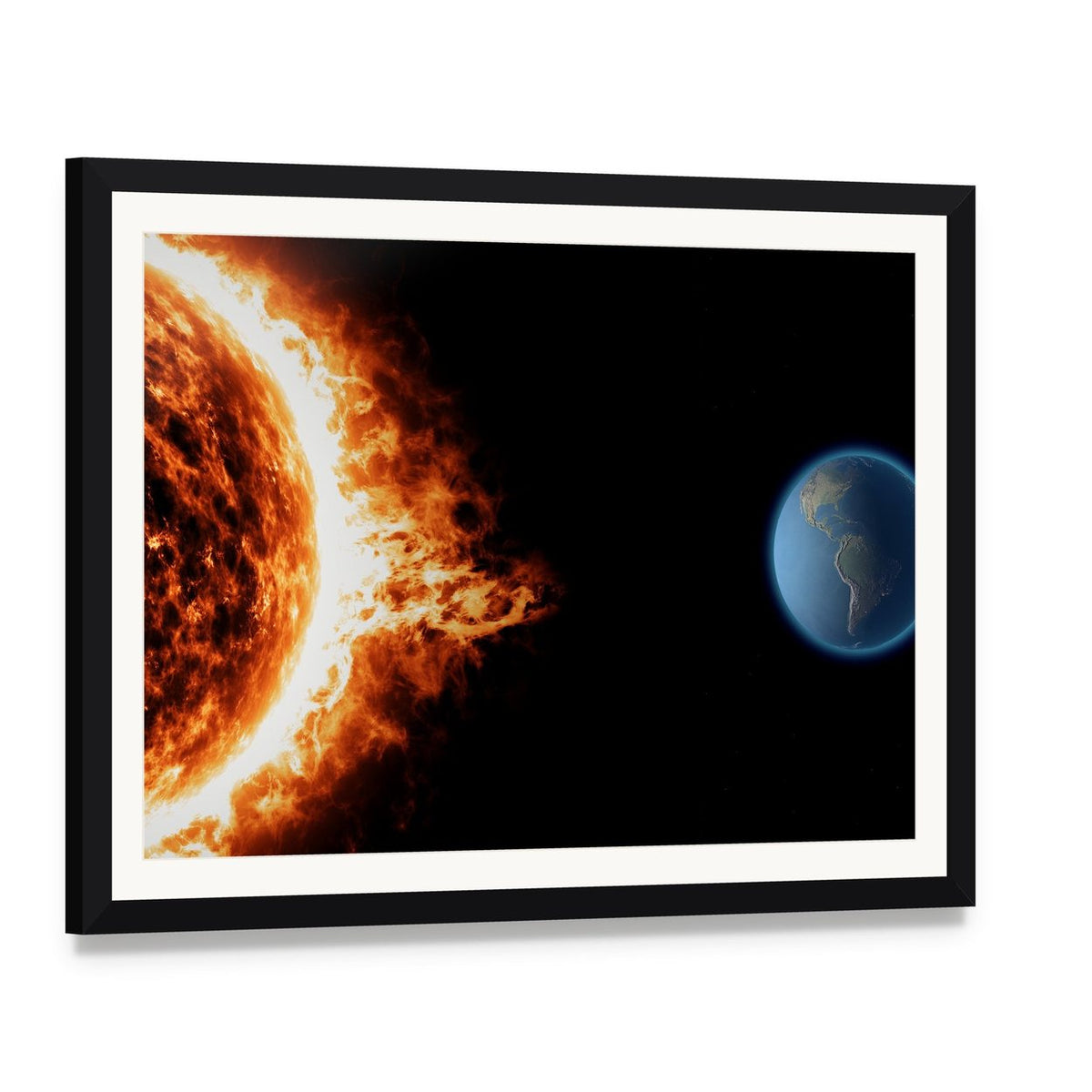 Solar Storm and Earth Canvas Wall Art, framed print with white mat and black frame, angled product view