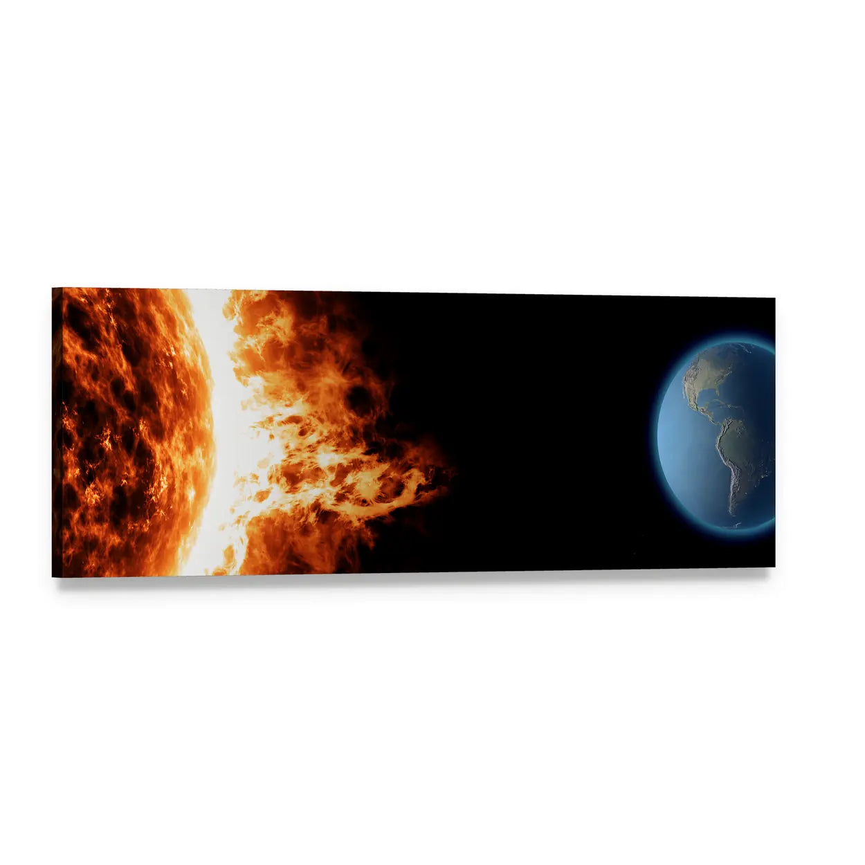 Solar Flare Over Earth Panoramic Canvas Wall Art, single panel gallery wrapped canvas, angled product view
