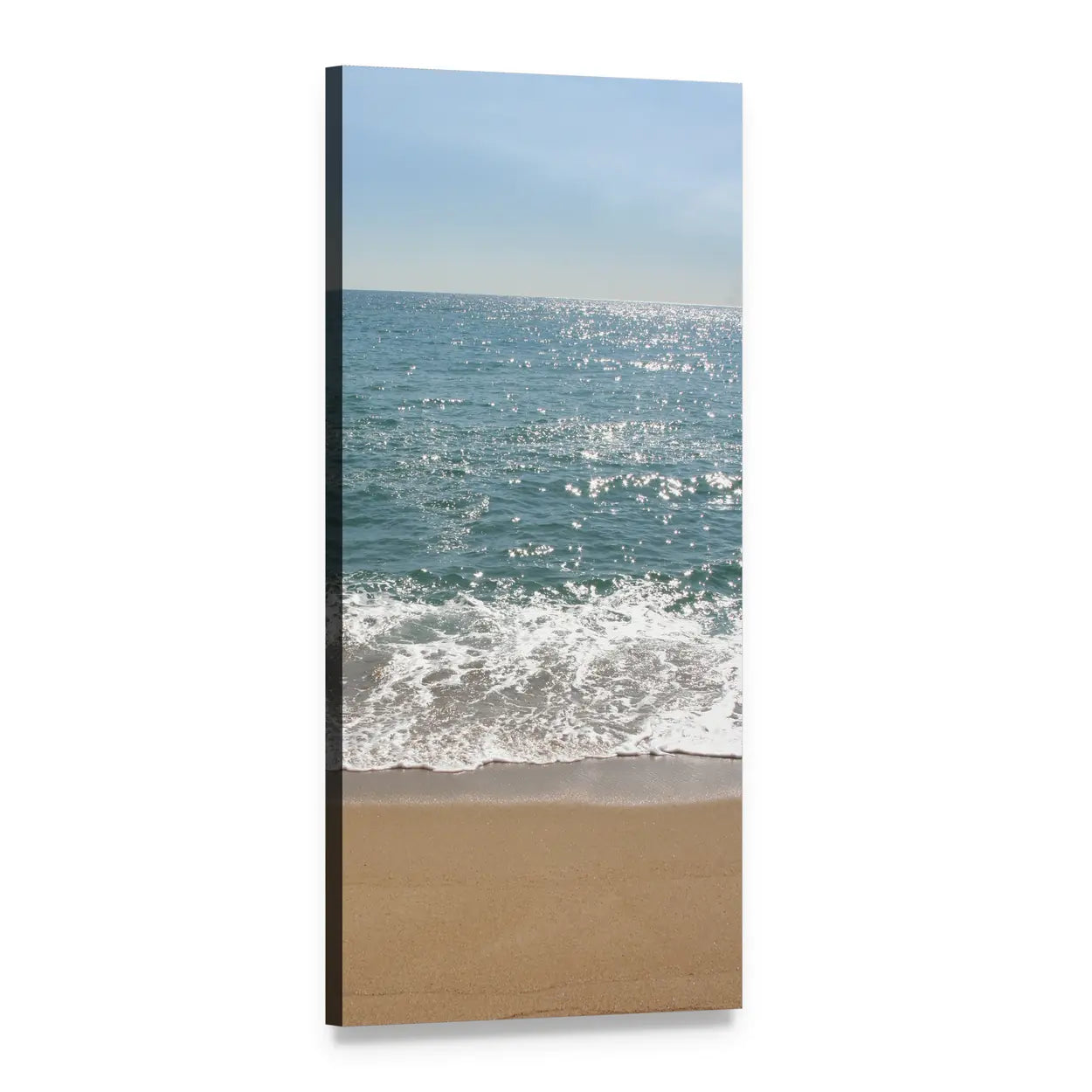 Sunlit Blue Ocean Beach Vertical Canvas Wall Art, 1 panel 1 Vertical layout gallery wrapped canvas set, angled product view