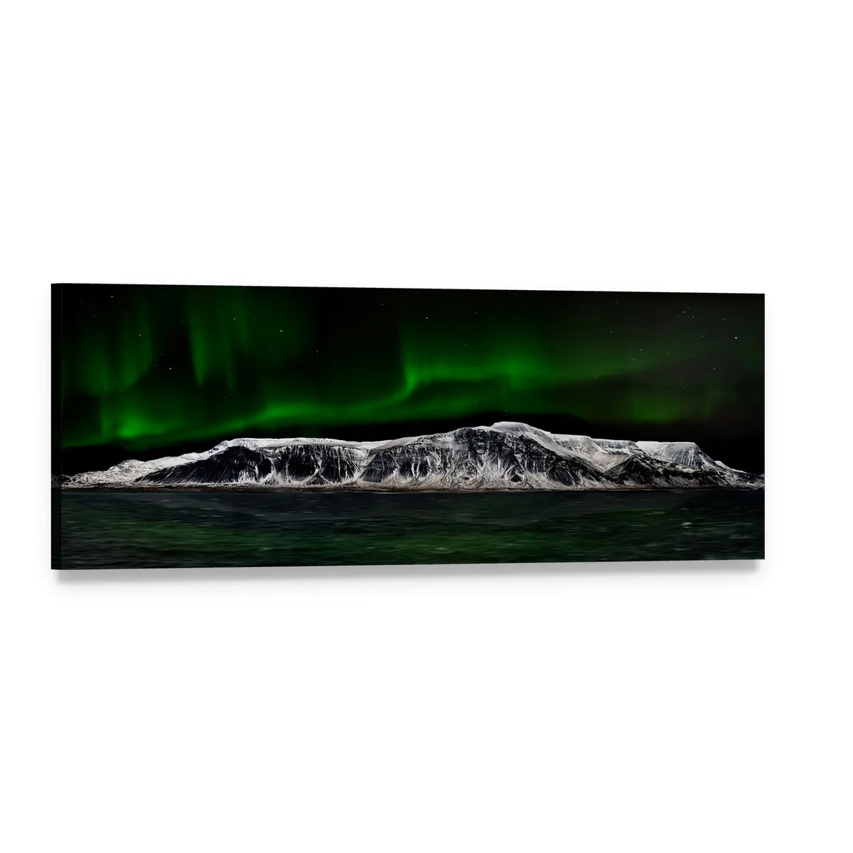 Aurora Over Mountain Lake Panoramic Canvas Wall Art, single panel gallery wrapped canvas, angled product view