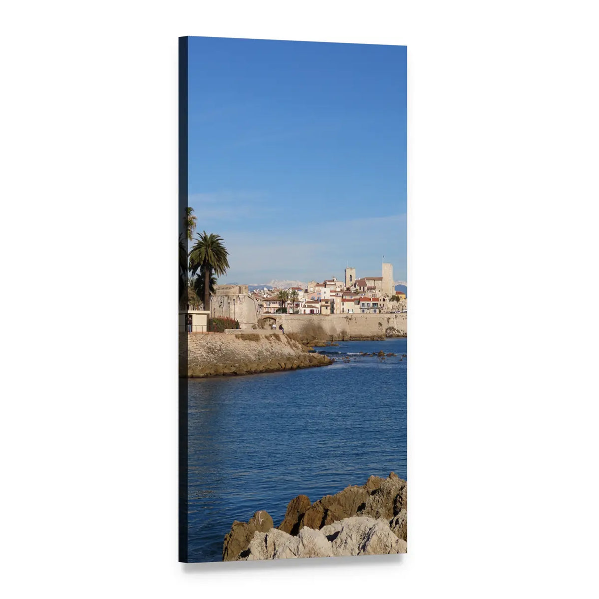 Sunlit French Riviera Seaside Town Vertical Canvas Wall Art, 1 panel 1 Vertical layout gallery wrapped canvas set, angled product view