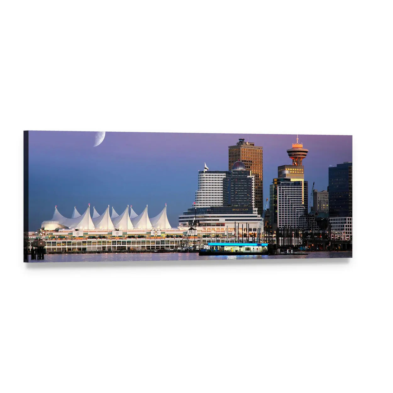 Vancouver City Skyline at Dusk Panoramic Canvas Wall Art, single panel gallery wrapped canvas, angled product view