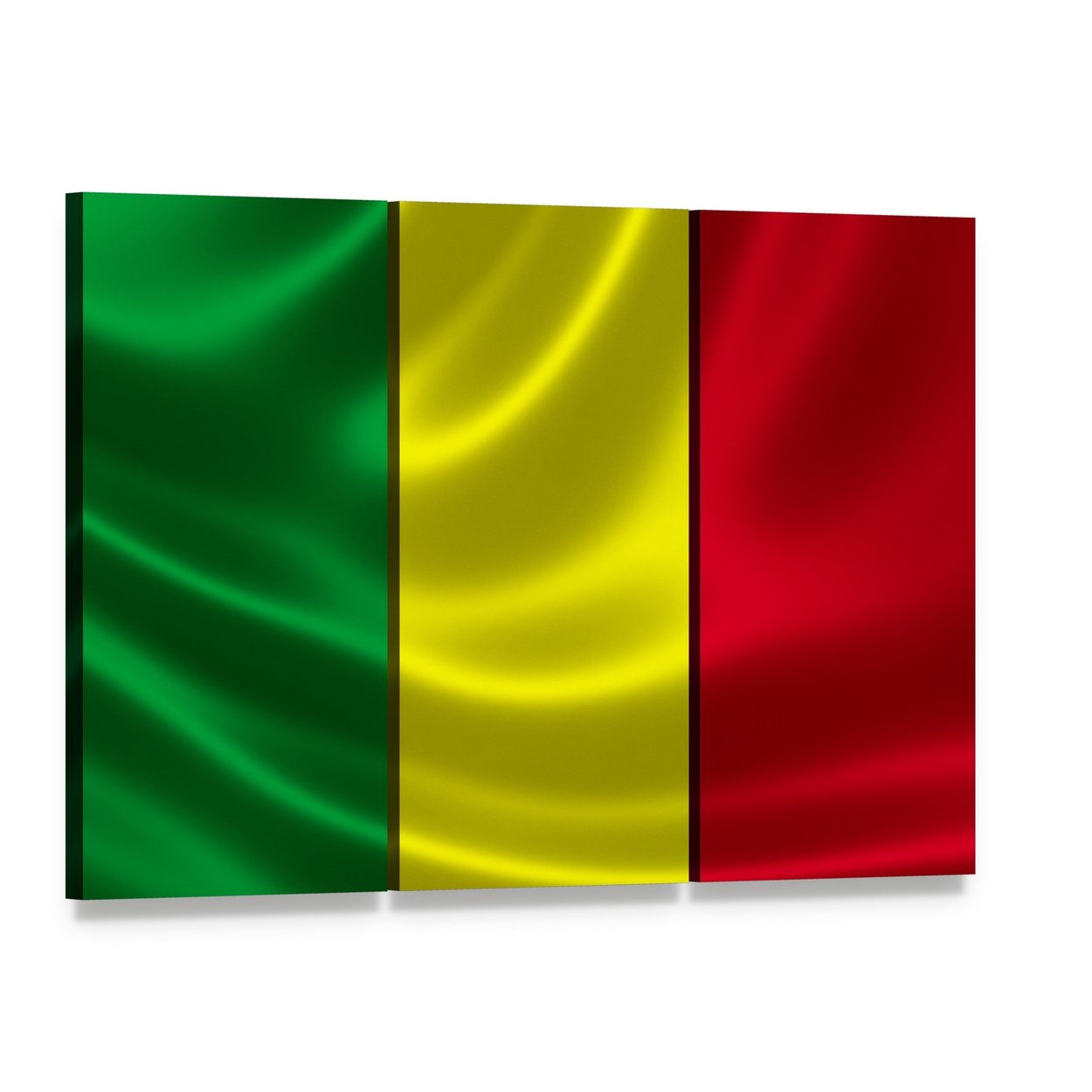Waving Mali Flag Canvas Wall Art, 3 panel 3 Horizontal layout gallery wrapped canvas set, angled product view