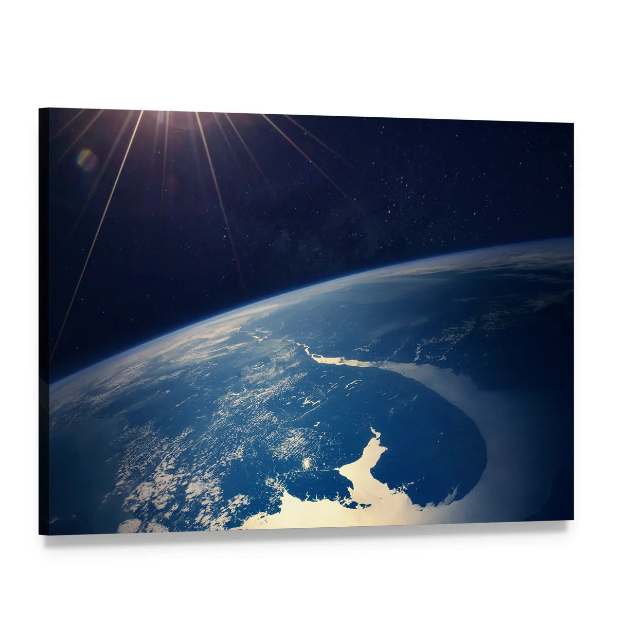 Earth at Sunrise from Space Canvas Wall Art, single panel gallery wrapped canvas, angled product view