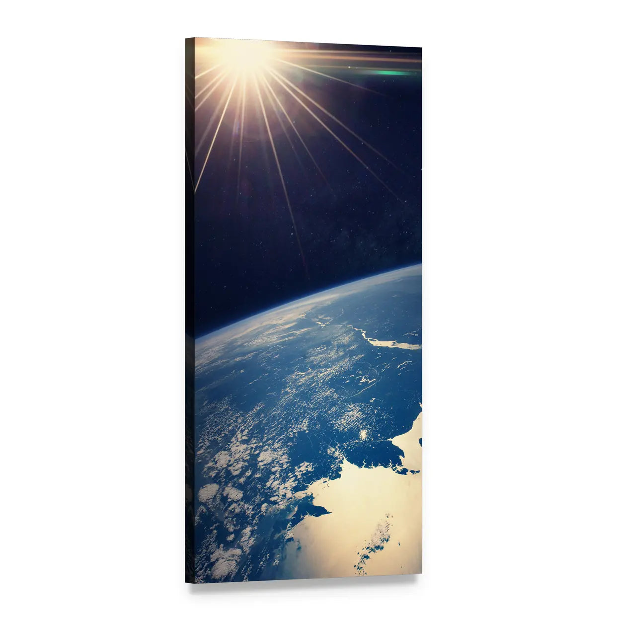 Earth from Space at Sunrise Vertical Canvas Wall Art, 1 panel 1 Vertical layout gallery wrapped canvas set, angled product view