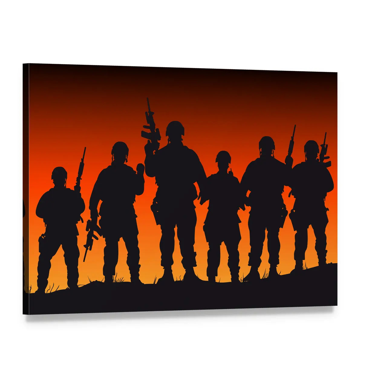 Six Soldier Silhouettes at Sunset Canvas Wall Art, single panel gallery wrapped canvas, angled product view