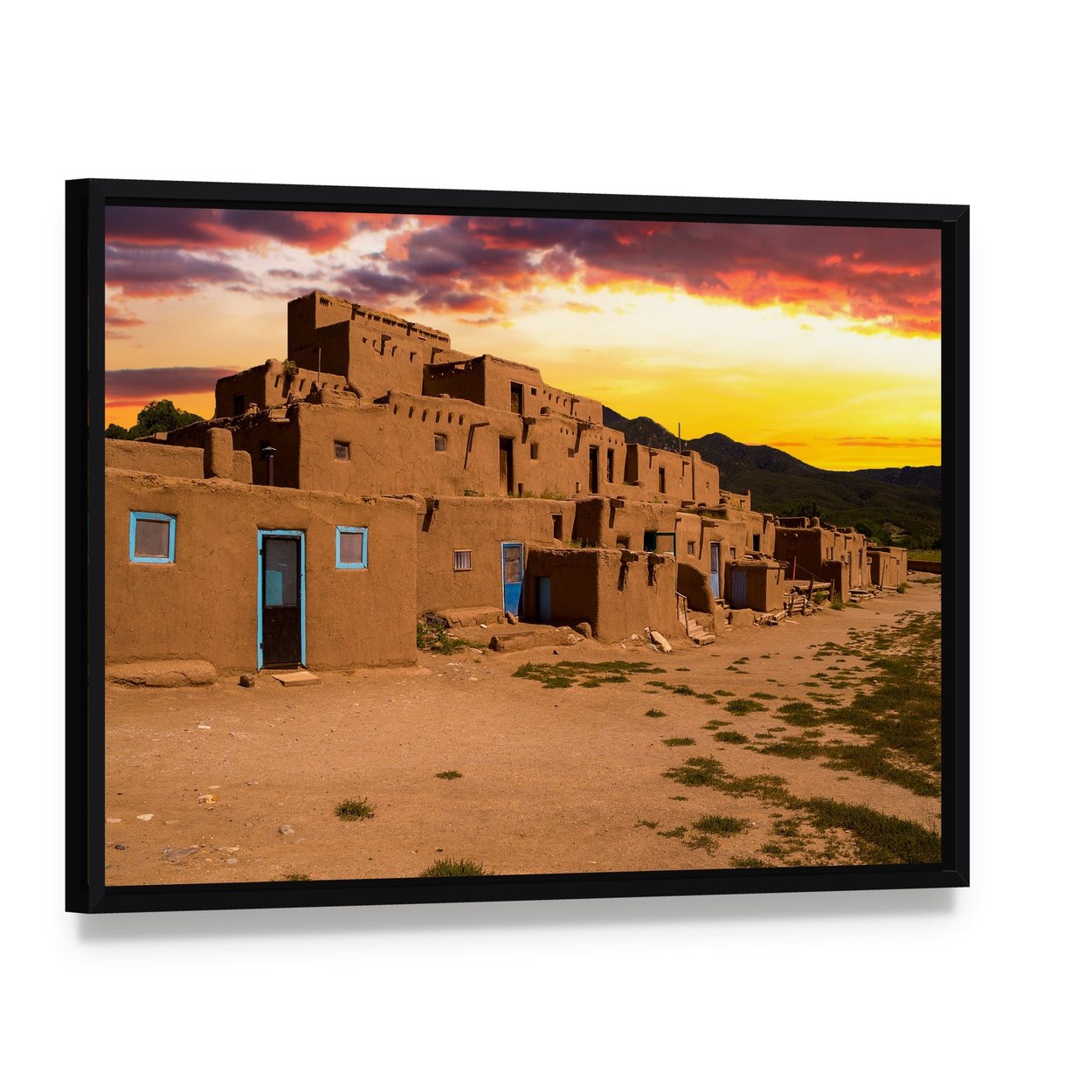 Ancient Adobe City at Sunset Canvas Wall Art, framed canvas in a black floater frame, angled product view