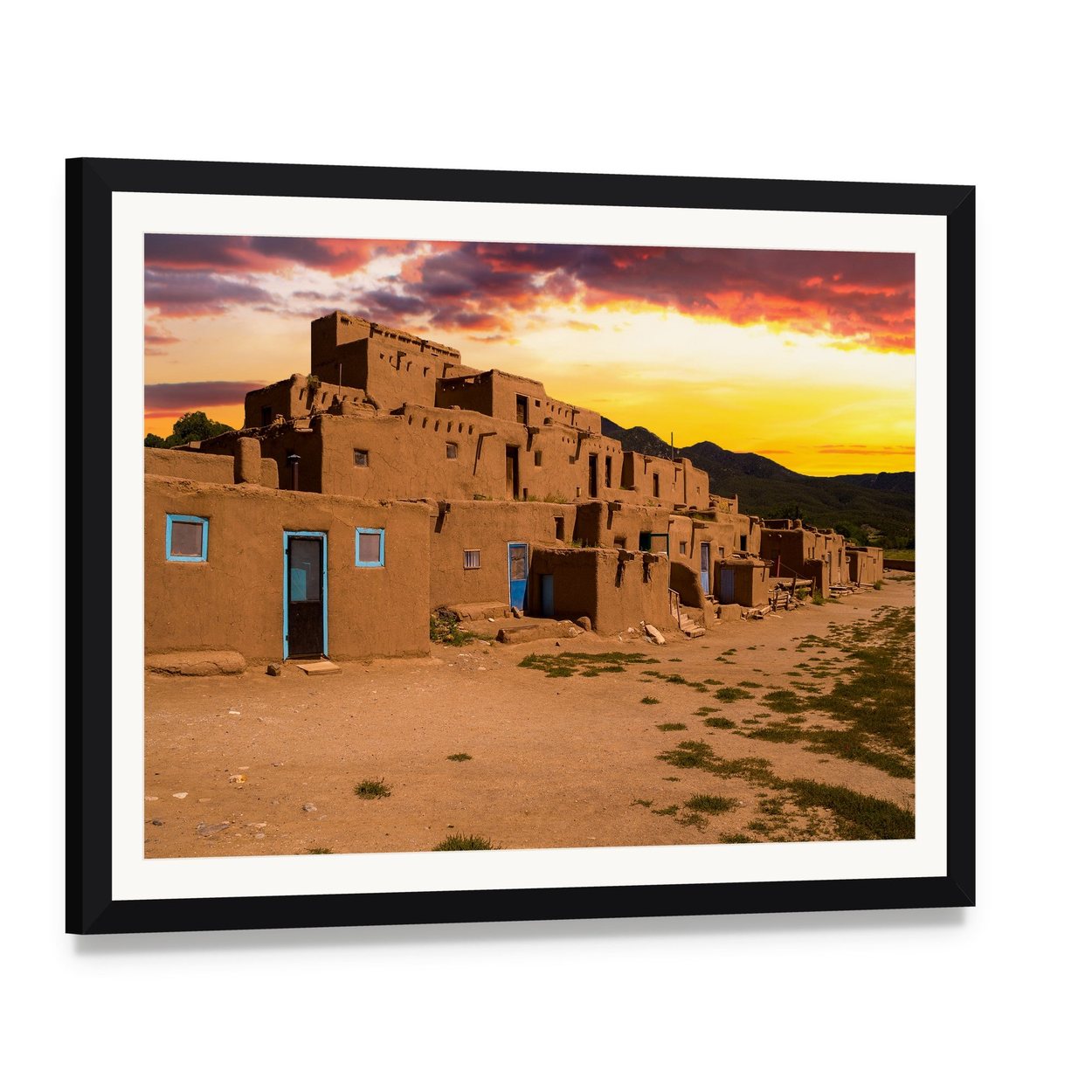 Ancient Adobe City at Sunset Canvas Wall Art, framed print with white mat and black frame, angled product view