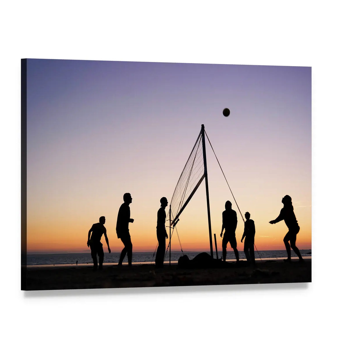 Sunset Beach Volleyball Silhouettes Canvas Wall Art, single panel gallery wrapped canvas, angled product view