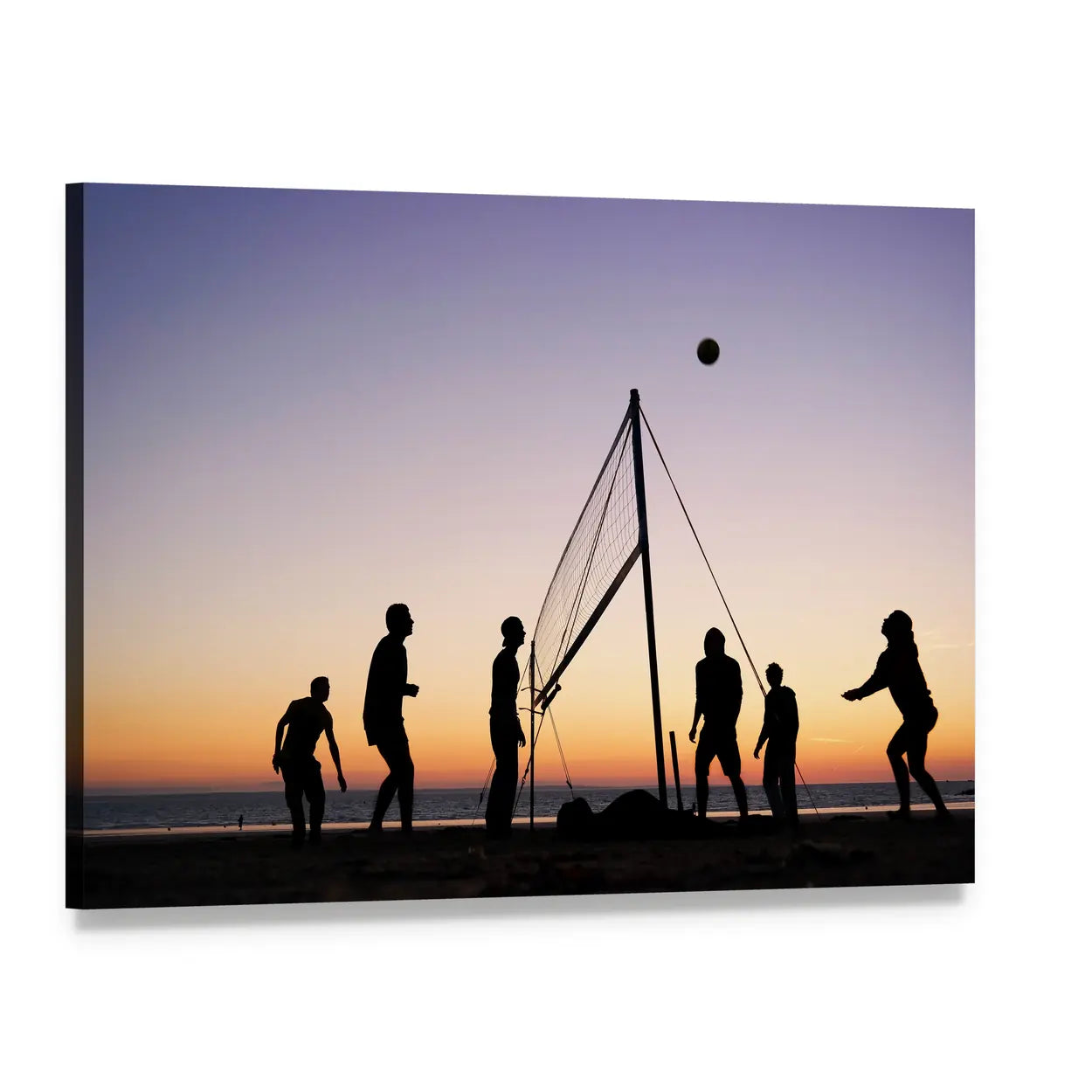 Sunset Beach Volleyball Silhouettes Canvas Wall Art, single panel gallery wrapped canvas, angled product view