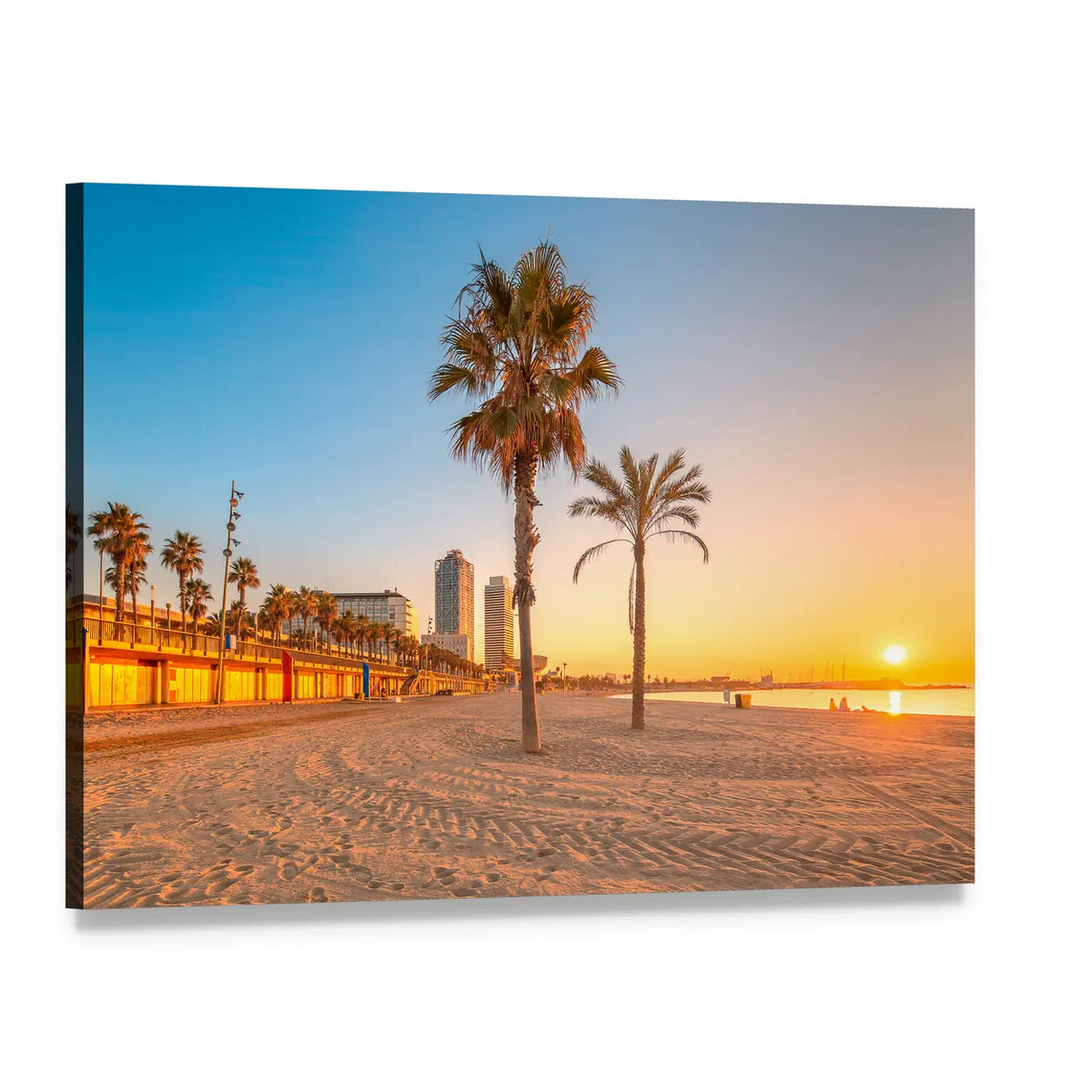 Barceloneta Beach at Sunrise Canvas Wall Art, single panel gallery wrapped canvas, angled product view