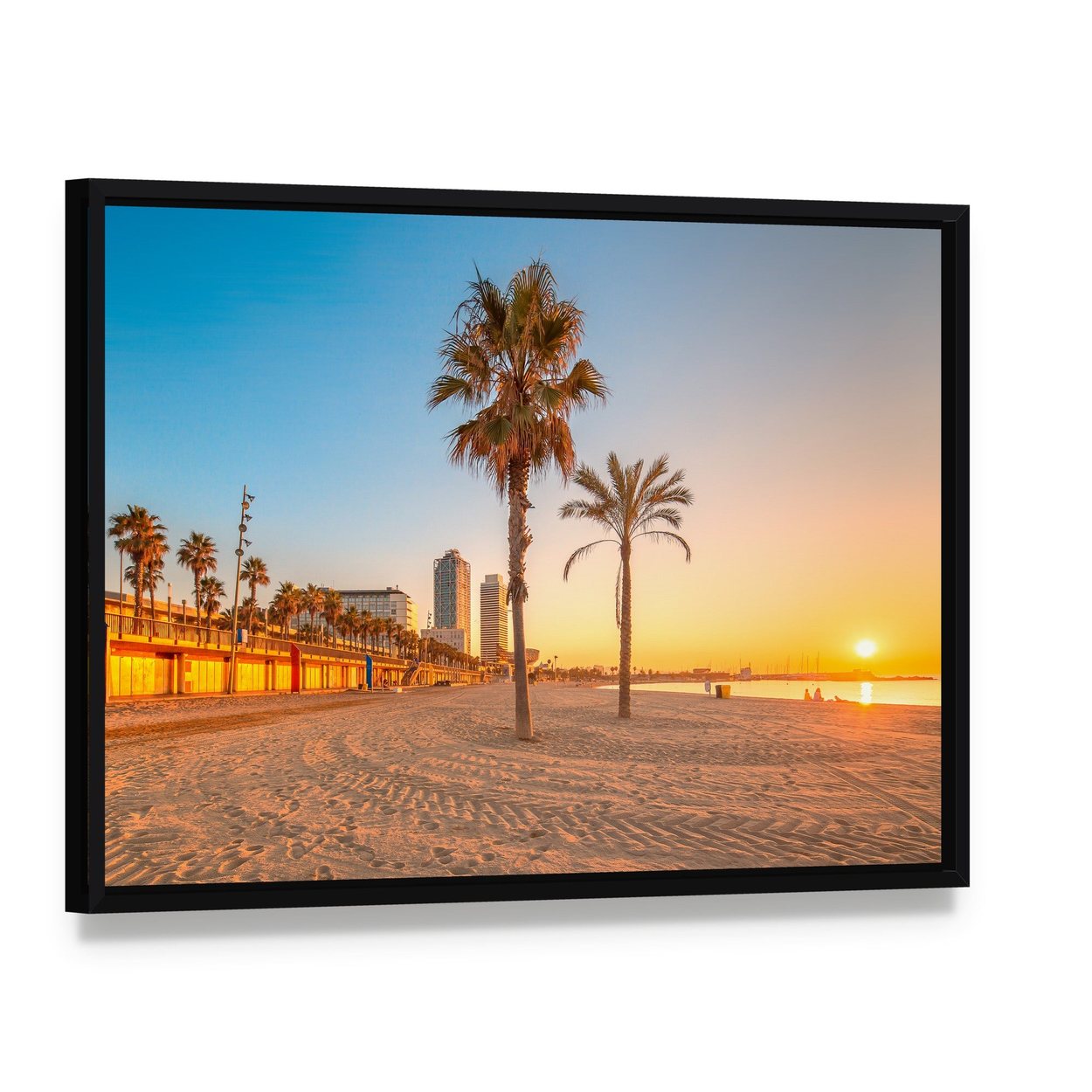 Barceloneta Beach at Sunrise Canvas Wall Art, framed canvas in a black floater frame, angled product view