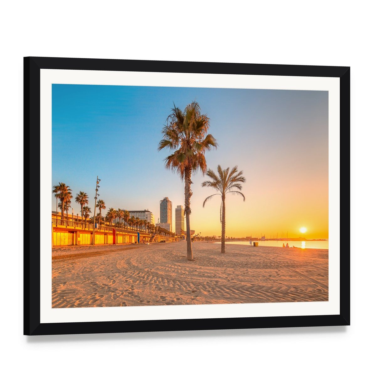 Barceloneta Beach at Sunrise Canvas Wall Art, framed print with white mat and black frame, angled product view