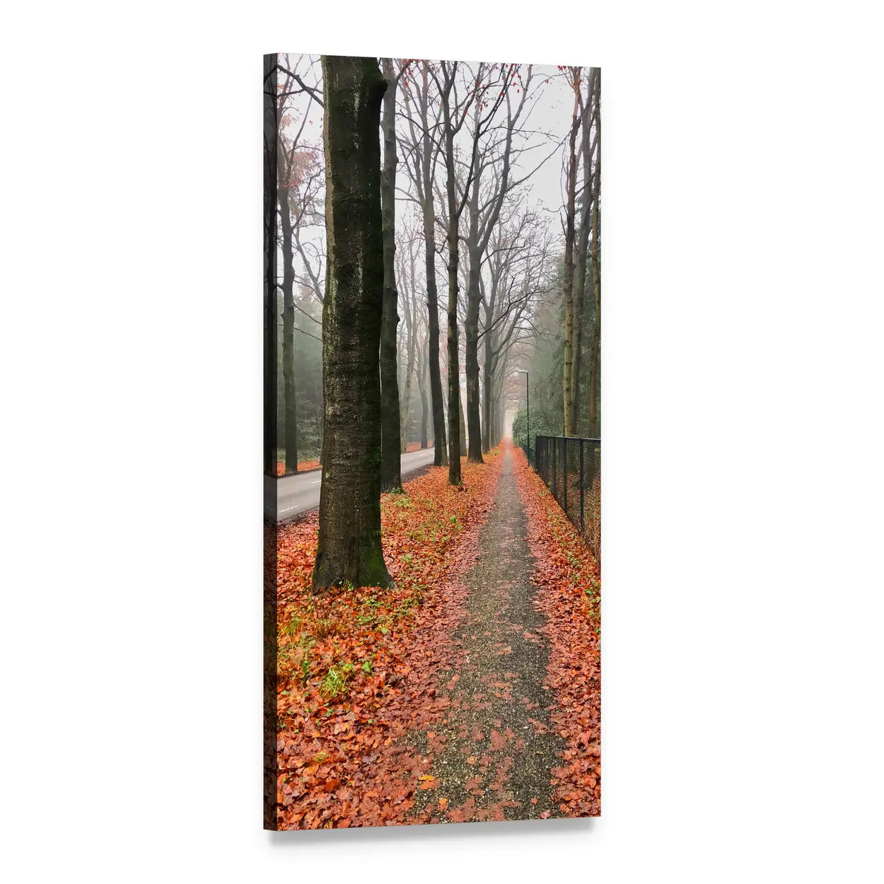 Autumn Road Through Bare Trees Vertical Canvas Wall Art, 1 panel 1 Vertical layout gallery wrapped canvas set, angled product view
