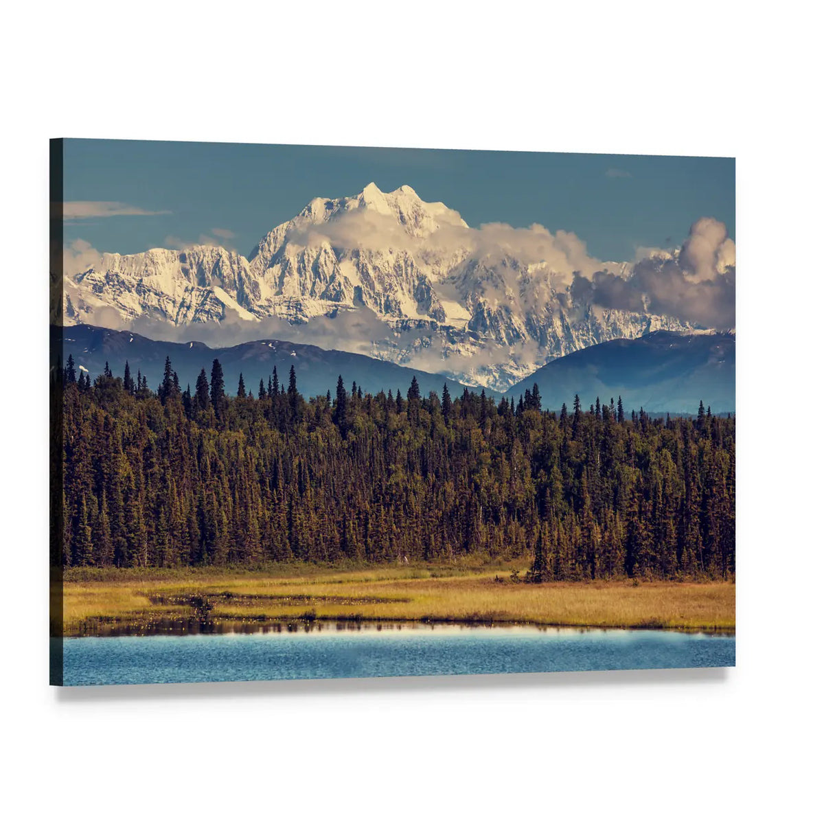 Mckinley Peak with Forest Reflection Canvas Wall Art, single panel gallery wrapped canvas, angled product view
