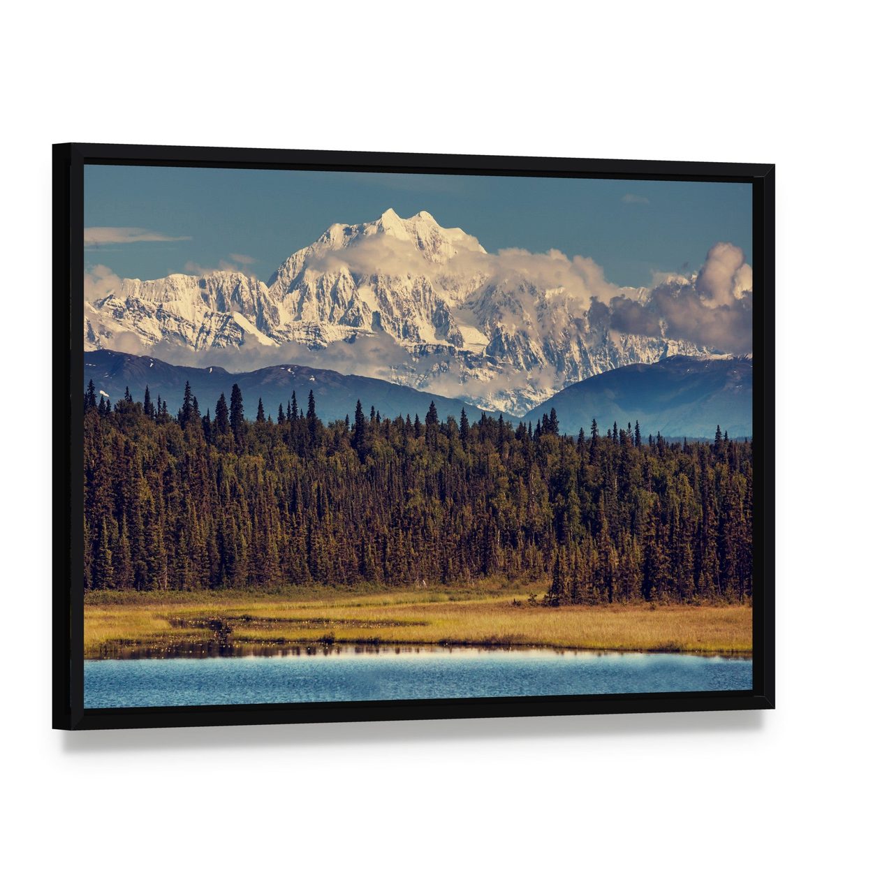 Snowy Mckinley Peak Over Pine Forest Canvas Wall Art, framed canvas in a black floater frame, angled product view