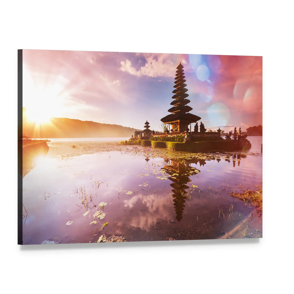 Pura Ulun Danu Temple at Sunset Canvas Wall Art, single panel gallery wrapped canvas, angled product view