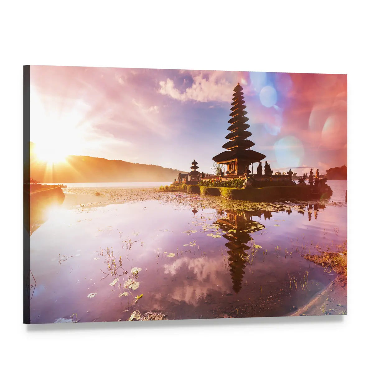 Pura Ulun Danu Temple at Sunset Canvas Wall Art, single panel gallery wrapped canvas, angled product view