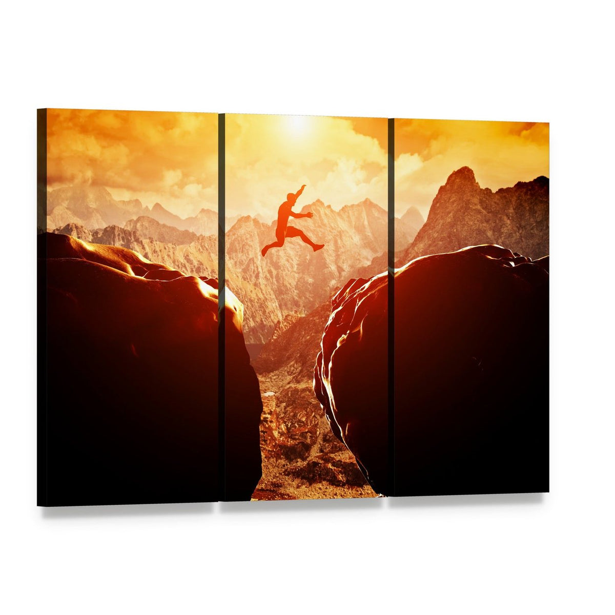 Man Jumping Between Rocks Canvas Wall Art, 3 panel 3 Horizontal layout gallery wrapped canvas set, angled product view