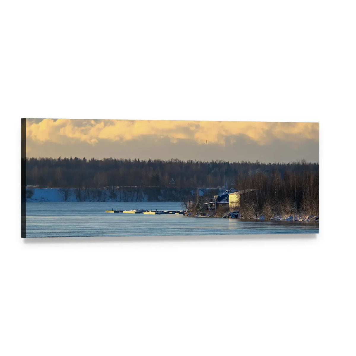 Cloudy River at Sunset Panoramic Canvas Wall Art, single panel gallery wrapped canvas, angled product view