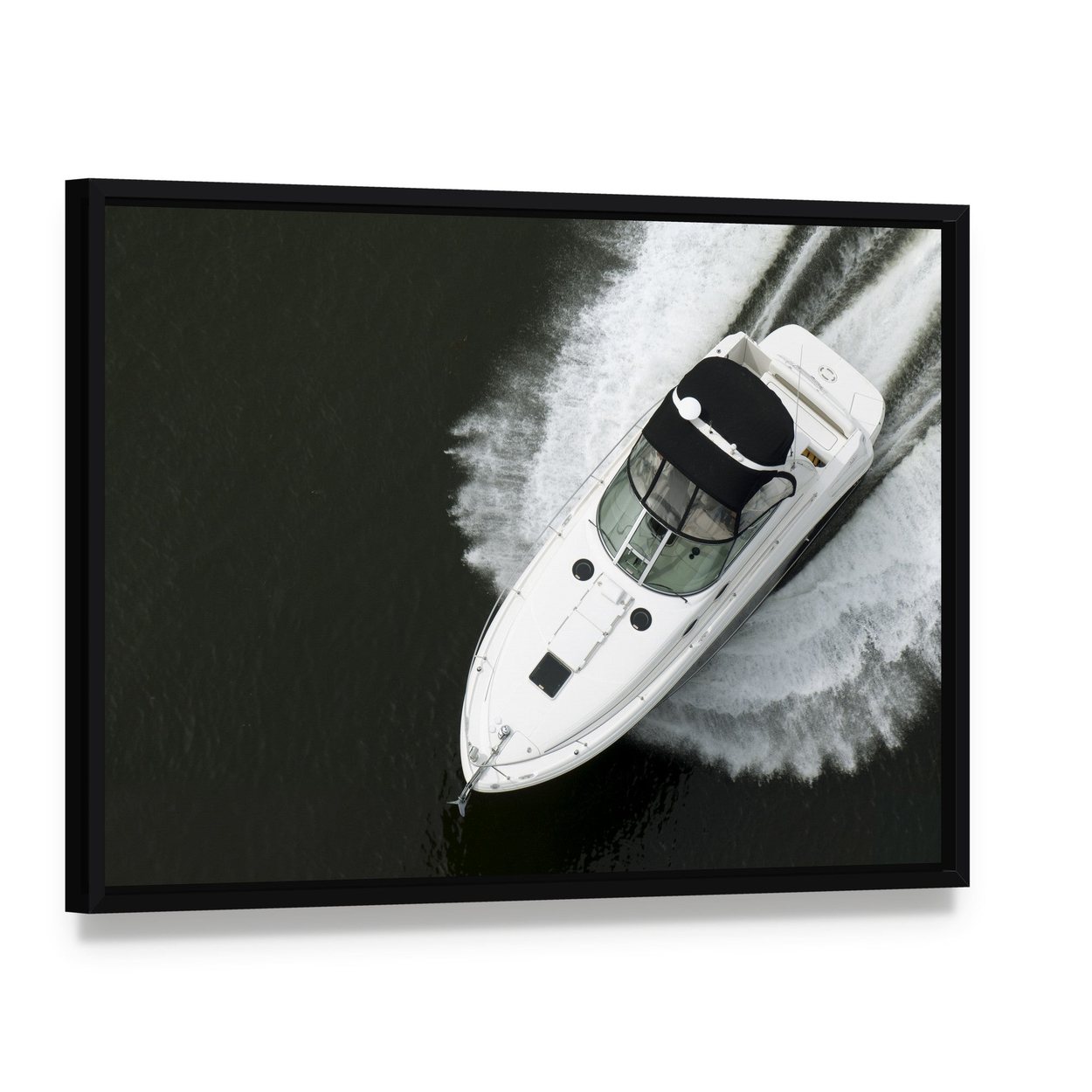 Aerial View of Speedboat Canvas Wall Art, framed canvas in a black floater frame, angled product view