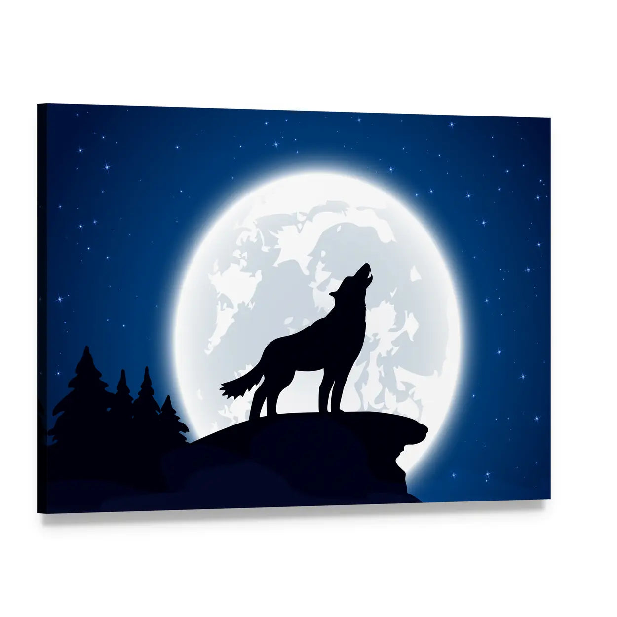 Howling Wolf Under Full Moon Canvas Wall Art, single panel gallery wrapped canvas, angled product view