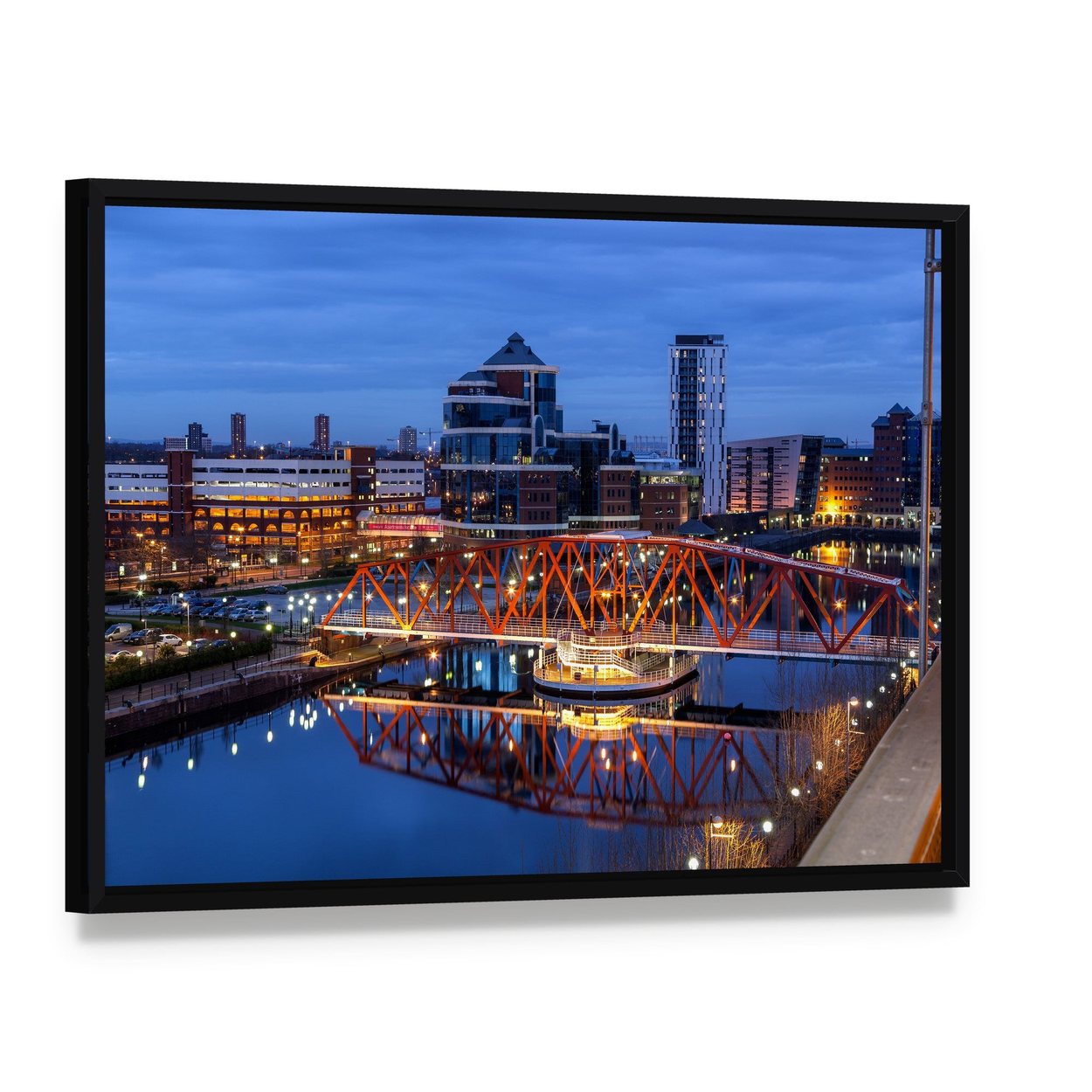 Salford Quays Skyline with Illuminated Bridge Canvas Wall Art, framed canvas in a black floater frame, angled product view