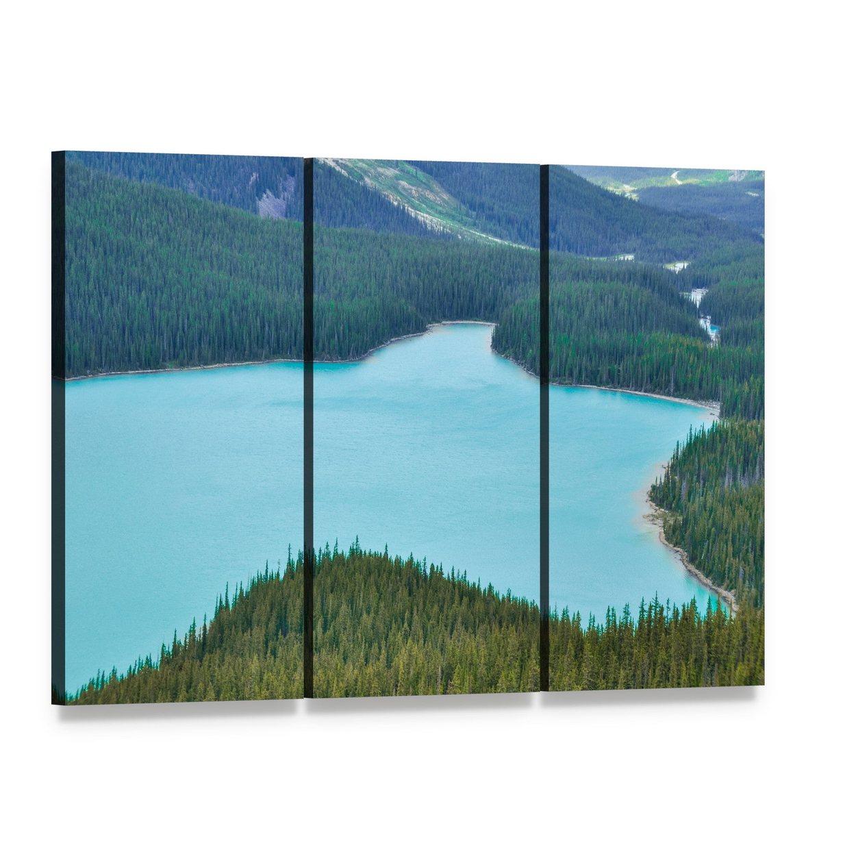 Peyto Lake with Turquoise Waters Canvas Wall Art, 3 panel 3 Horizontal layout gallery wrapped canvas set, angled product view