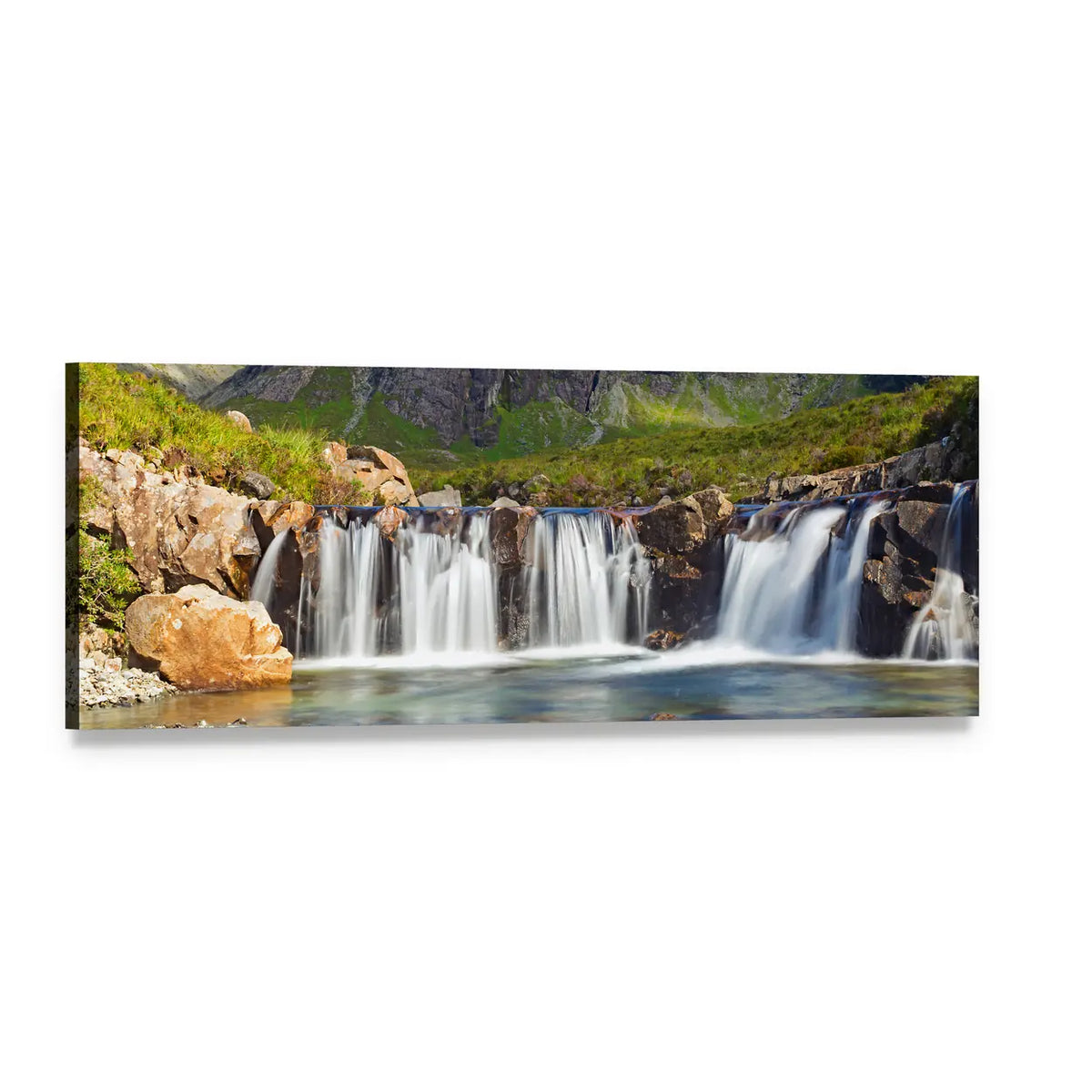 Fairy Pools Scotland Waterfall Scene Panoramic Canvas Wall Art, single panel gallery wrapped canvas, angled product view