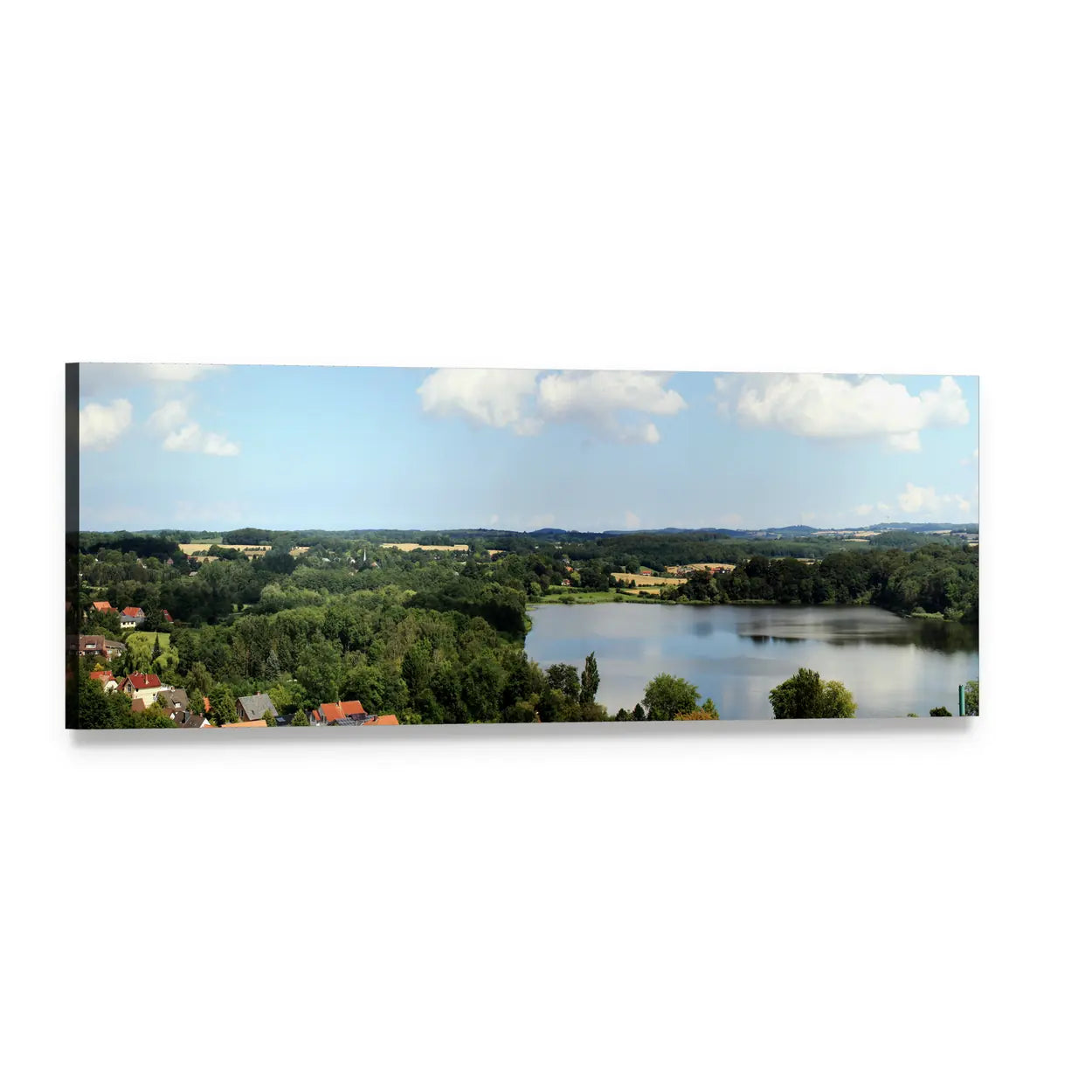 Lake and Village in German Countryside Panoramic Canvas Wall Art, single panel gallery wrapped canvas, angled product view