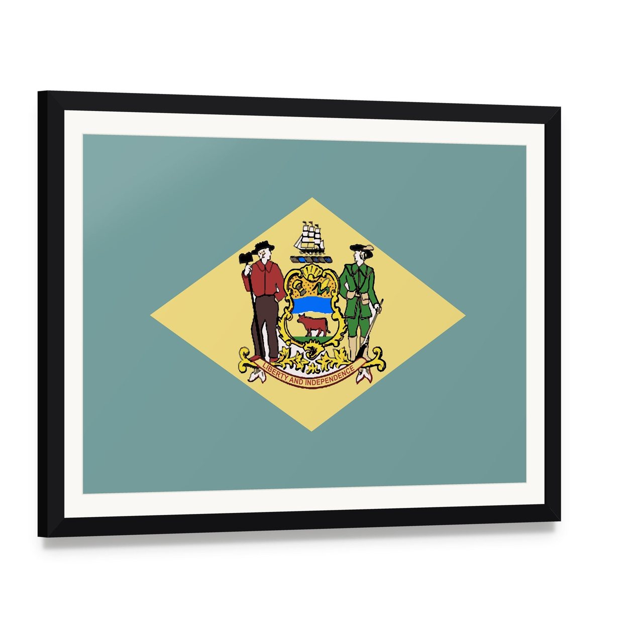 Delaware State Flag Canvas Wall Art, framed print with white mat and black frame, angled product view