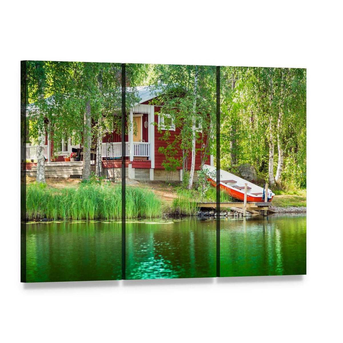 Red Cabin by the Lake with Docked Boat Canvas Wall Art, 3 panel 3 Horizontal layout gallery wrapped canvas set, angled product view