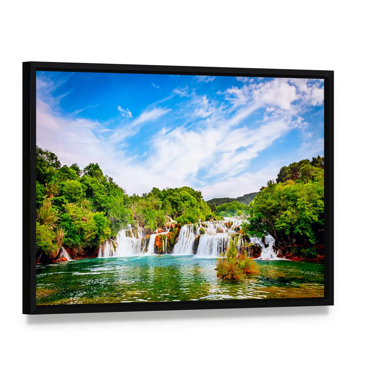 Waterfall In Krka National Park Canvas Wall Art, framed canvas in a black floater frame, angled product view
