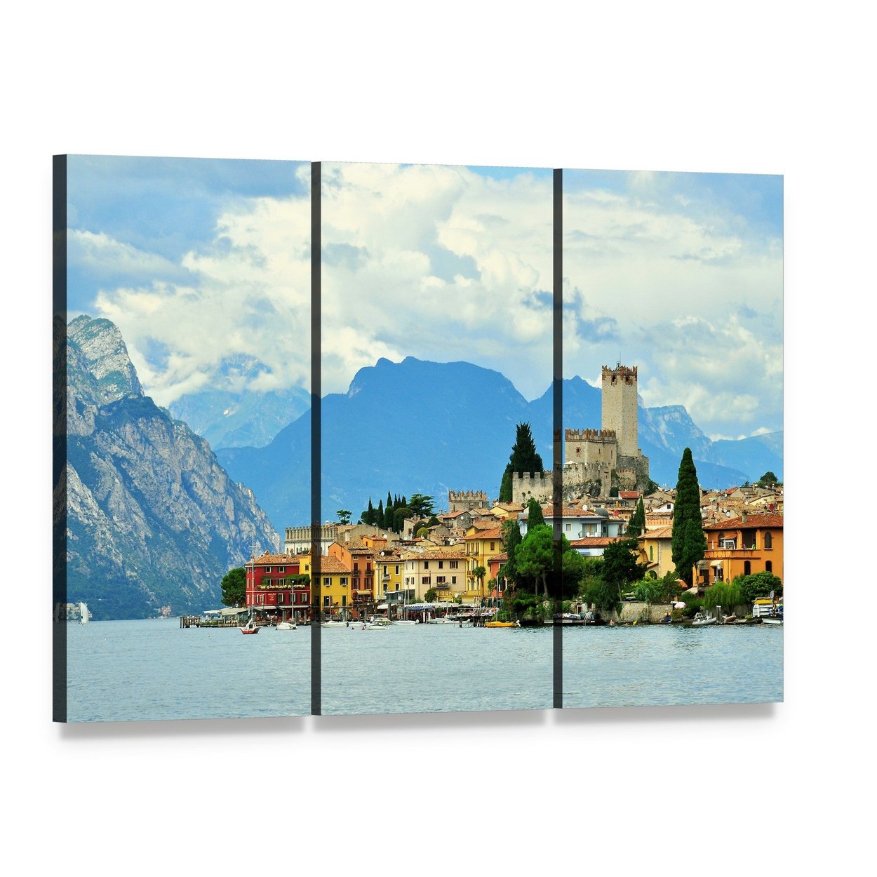 Malcesine Castle on Garda Lake Canvas Wall Art, 3 panel 3 Horizontal layout gallery wrapped canvas set, angled product view