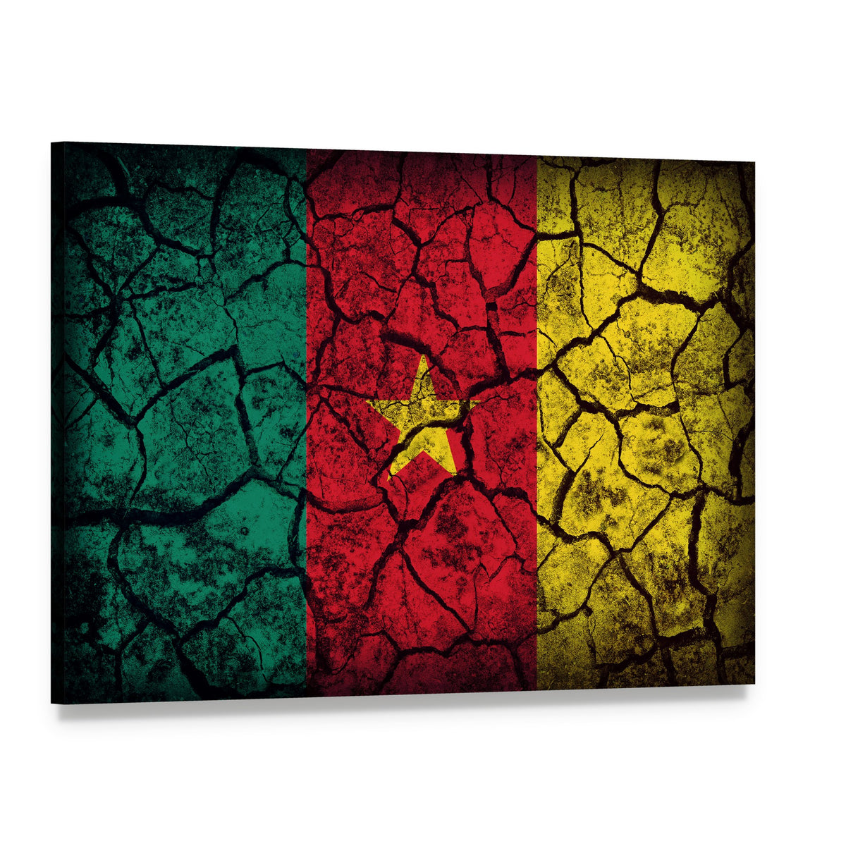 Cameroon Flag on Cracked Earth Canvas Wall Art, single panel gallery wrapped canvas, angled product view