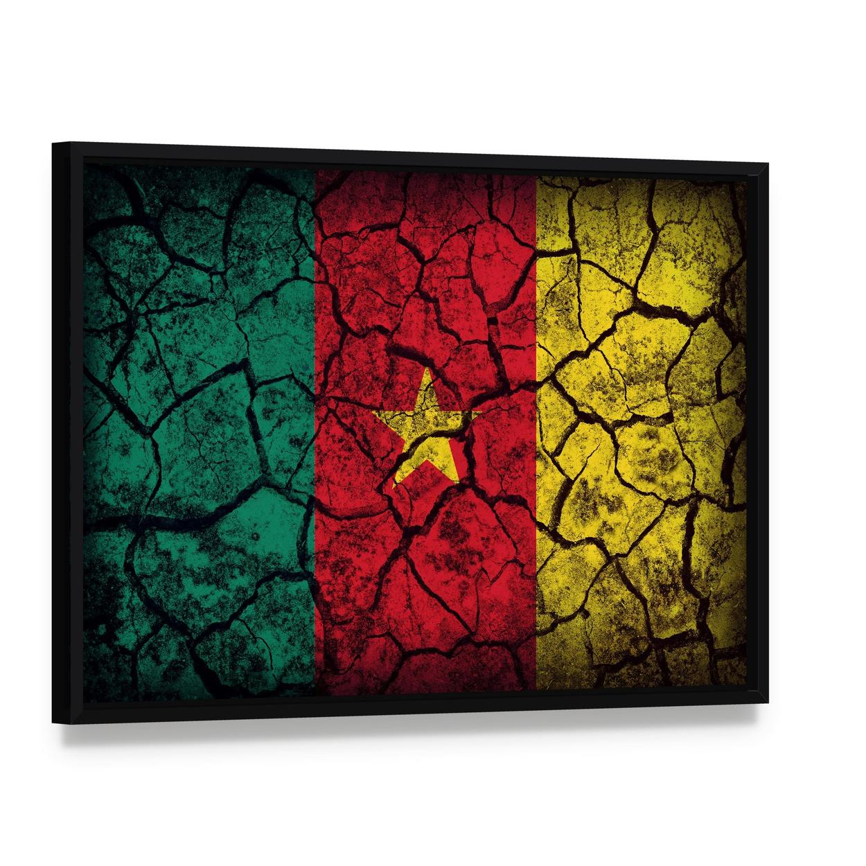 Cameroon Flag on Cracked Earth Canvas Wall Art, framed canvas in a black floater frame, angled product view