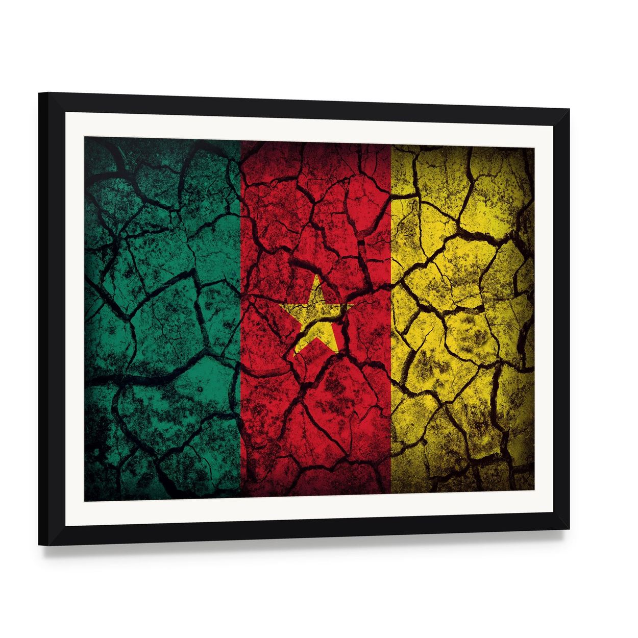 Cameroon Flag on Cracked Earth Canvas Wall Art, framed print with white mat and black frame, angled product view