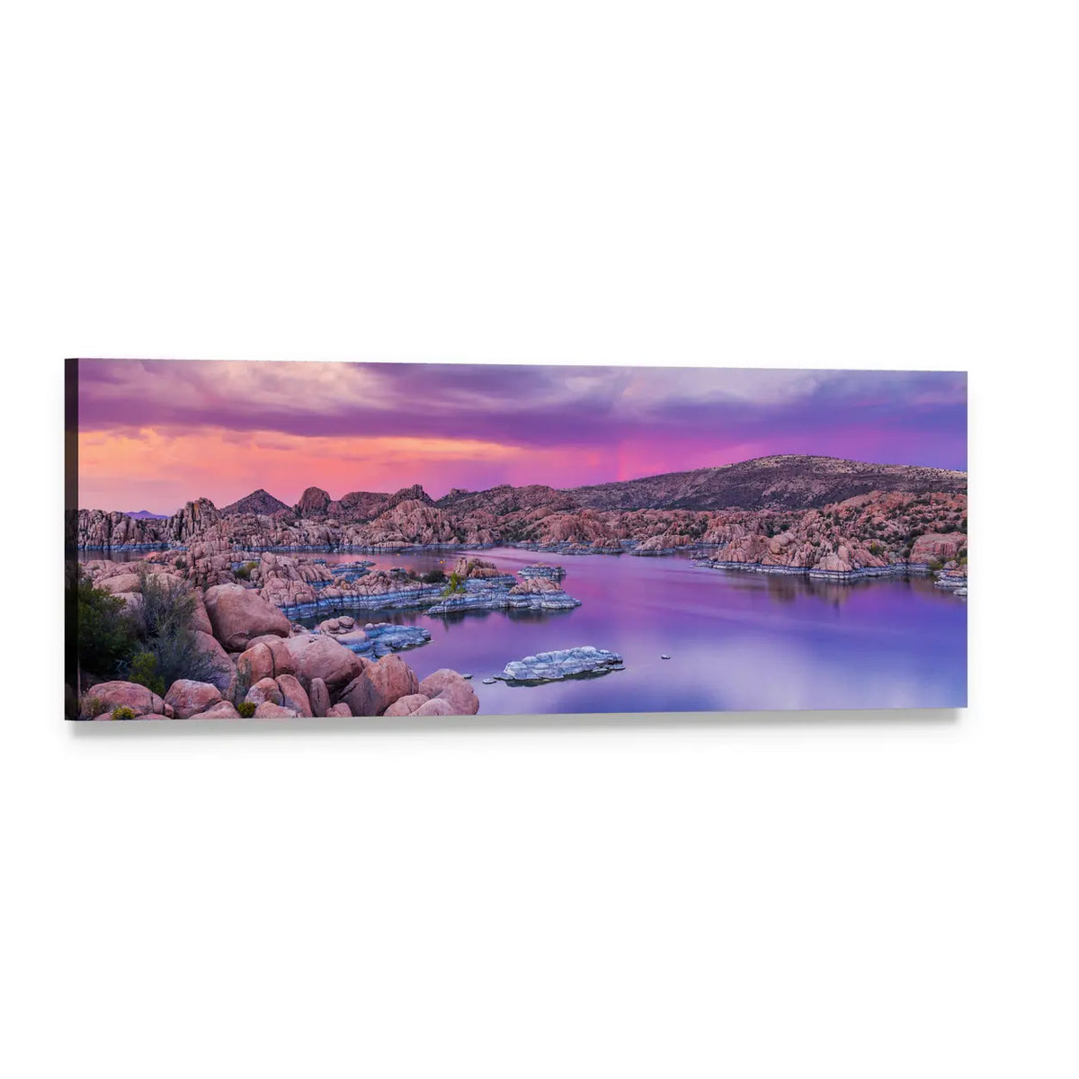 Watson Lake Sunset Panoramic Canvas Wall Art, single panel gallery wrapped canvas, angled product view