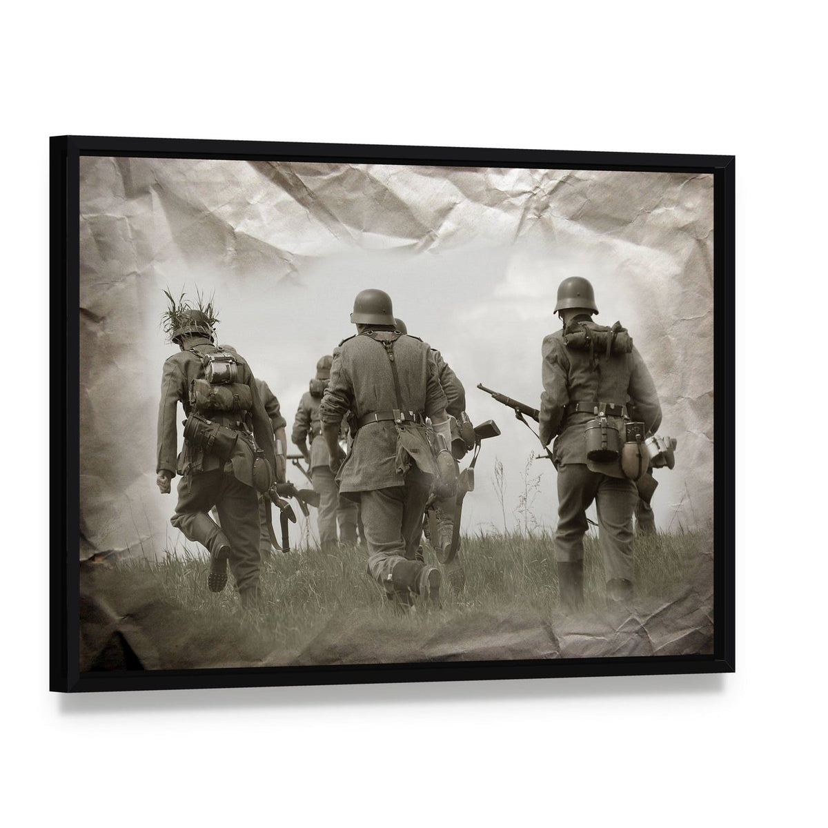 German Soldiers Ww2 Reenacting Canvas Wall Art, framed canvas in a black floater frame, angled product view