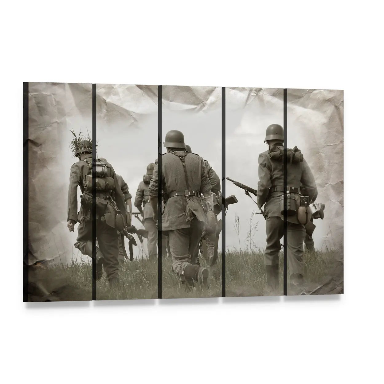 WWII German Soldiers Reenacting in Field Canvas Wall Art, 5 panel 5 Horizontal layout gallery wrapped canvas set, angled product view
