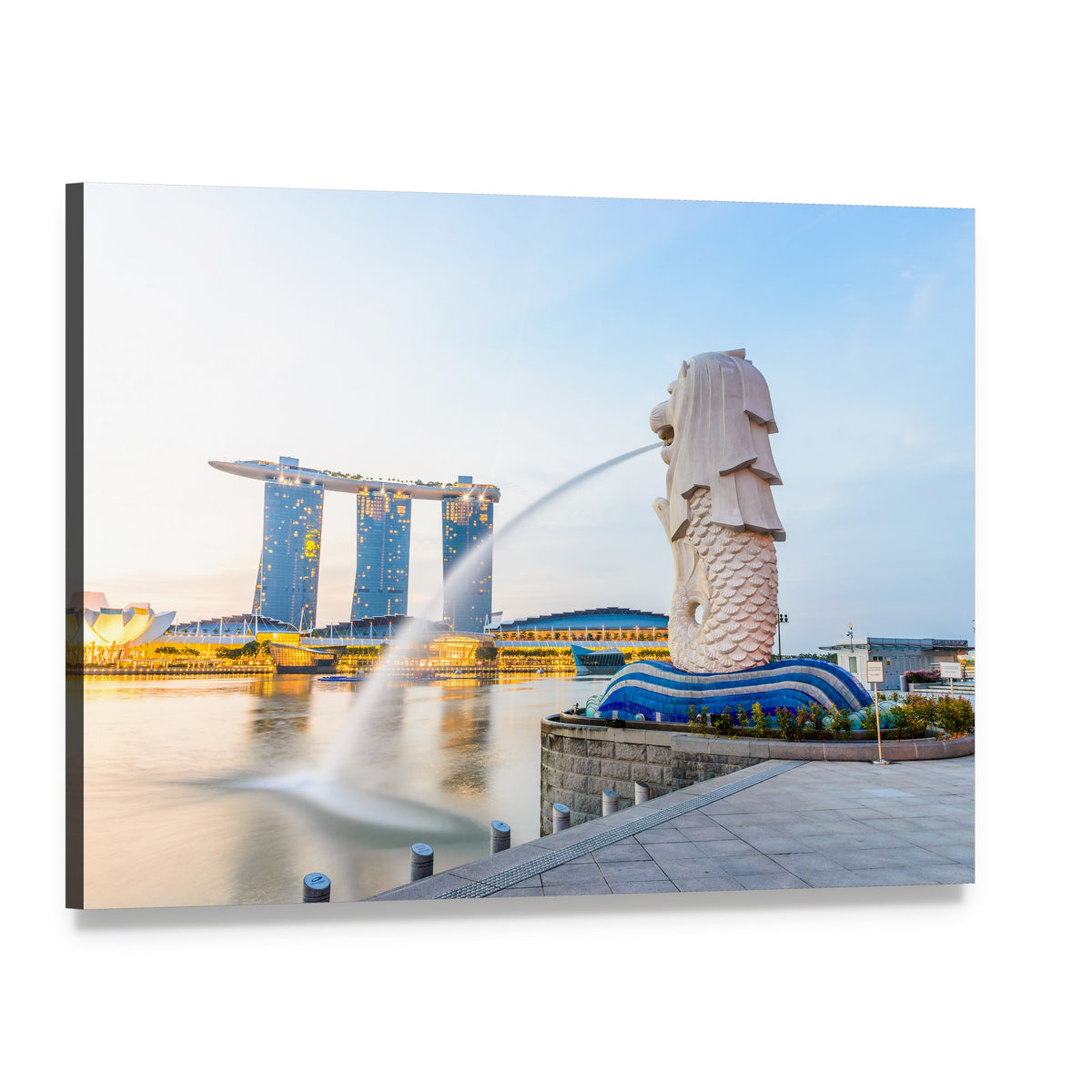 Merlion and Marina Bay Sands Singapore Skyline Canvas Wall Art, single panel gallery wrapped canvas, angled product view