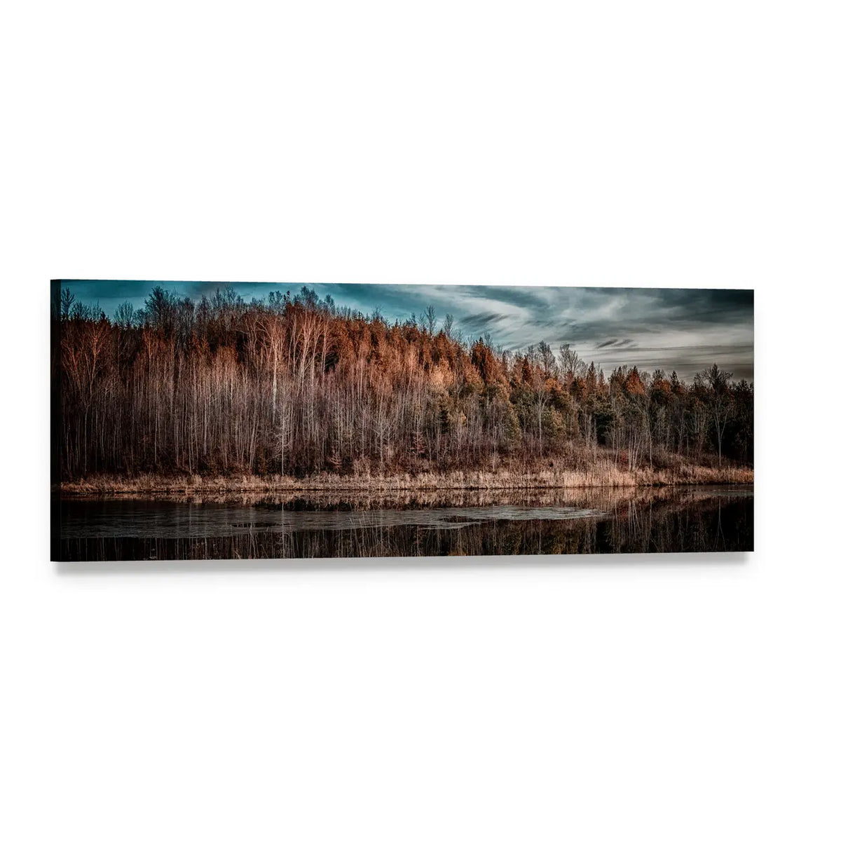 Autumn Sunset Over Forest Lake Panoramic Canvas Wall Art, single panel gallery wrapped canvas, angled product view