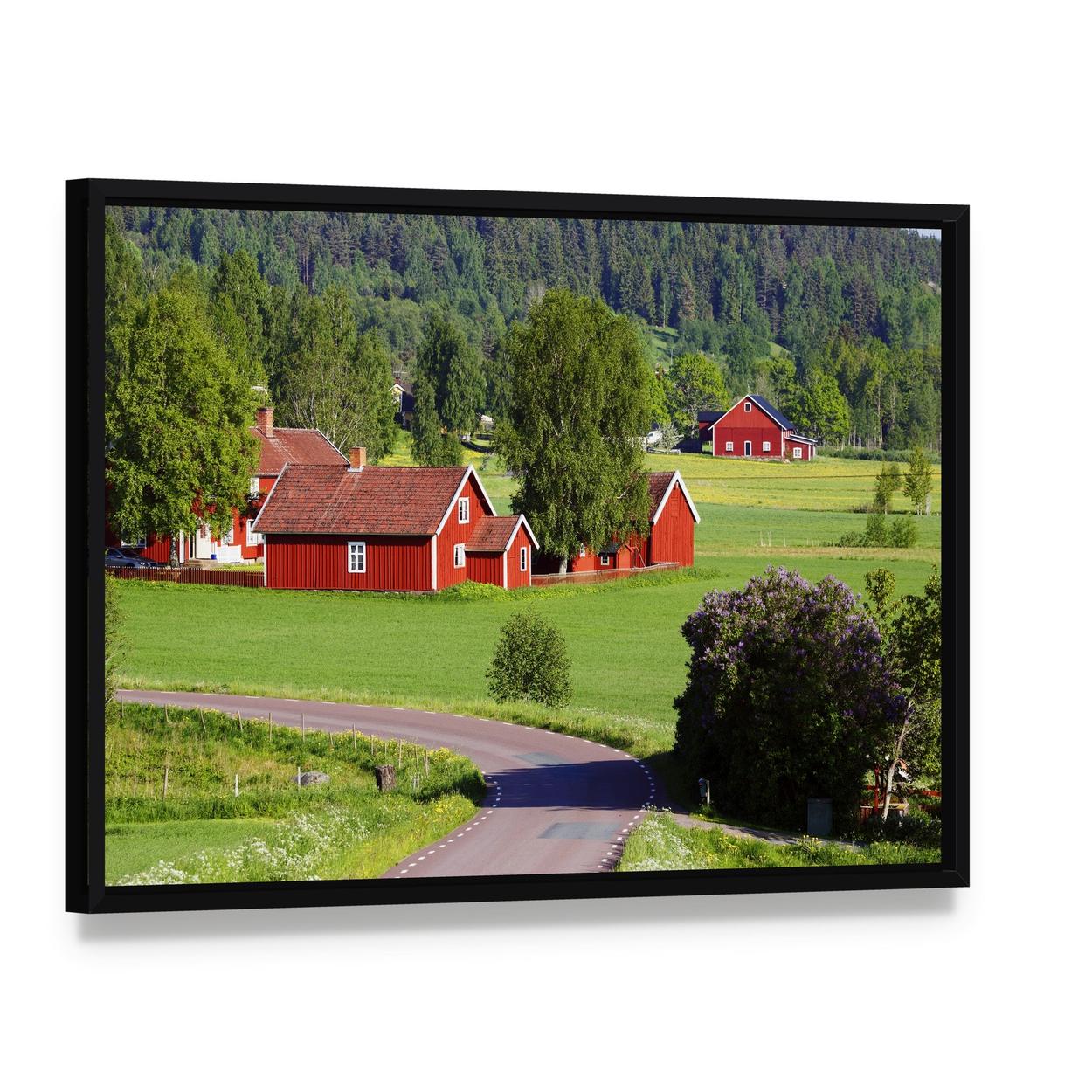Old Red Farmhouses Canvas Wall Art, framed canvas in a black floater frame, angled product view