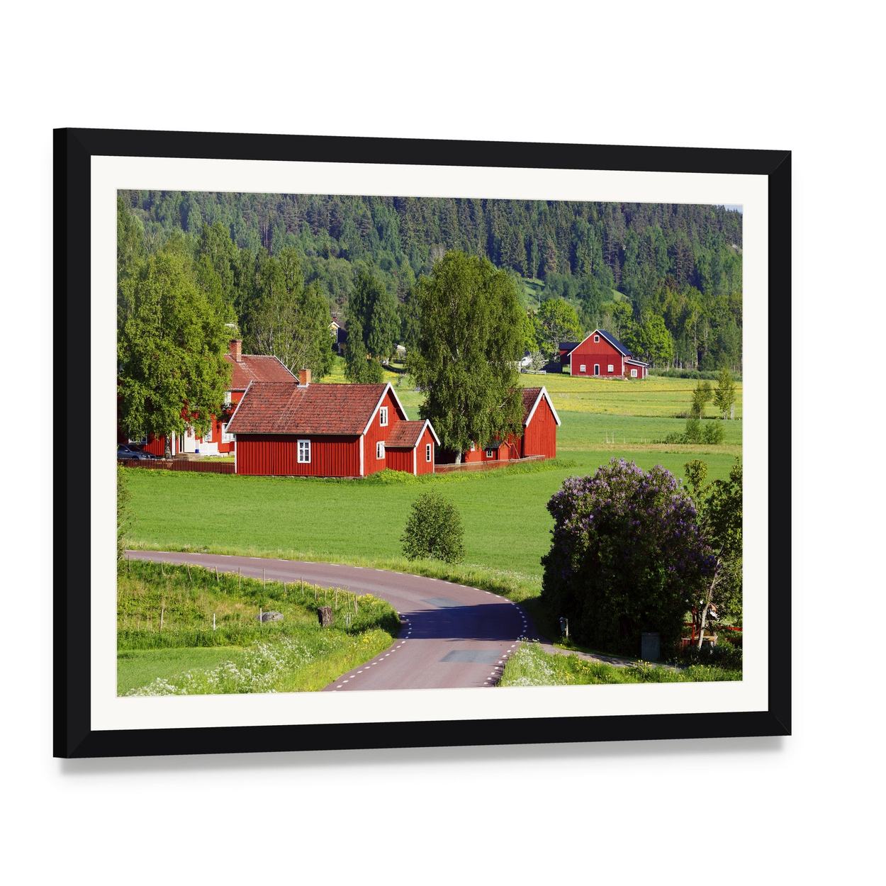 Old Red Farmhouses Canvas Wall Art, framed print with white mat and black frame, angled product view