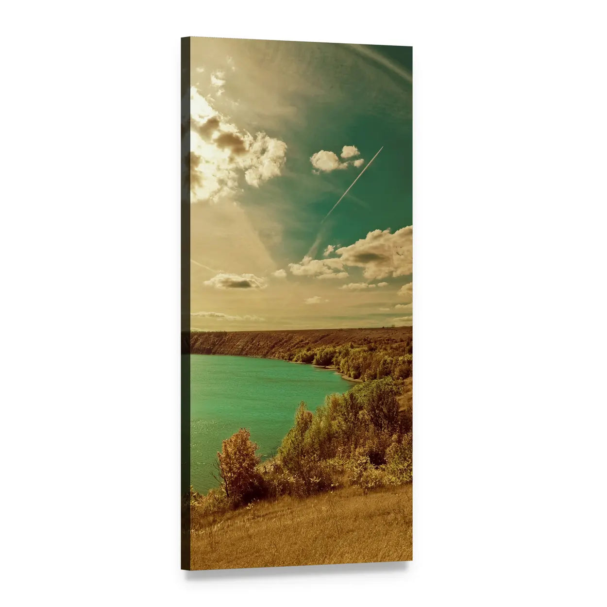 Autumn Riverbank Landscape Vertical Canvas Wall Art, 1 panel 1 Vertical layout gallery wrapped canvas set, angled product view