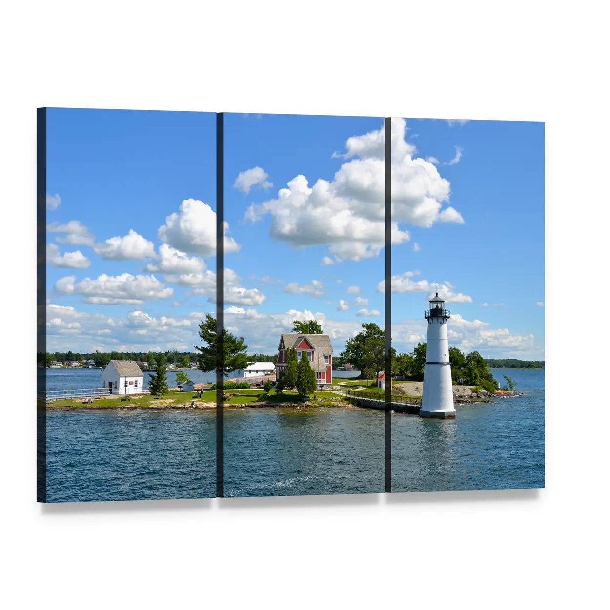 Island Lighthouse and Red-roof House Canvas Wall Art, 3 panel 3 Horizontal layout gallery wrapped canvas set, angled product view