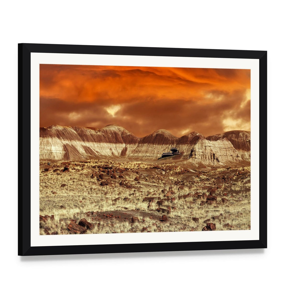 Base on Mars Abstract Canvas Wall Art, framed print with white mat and black frame, angled product view