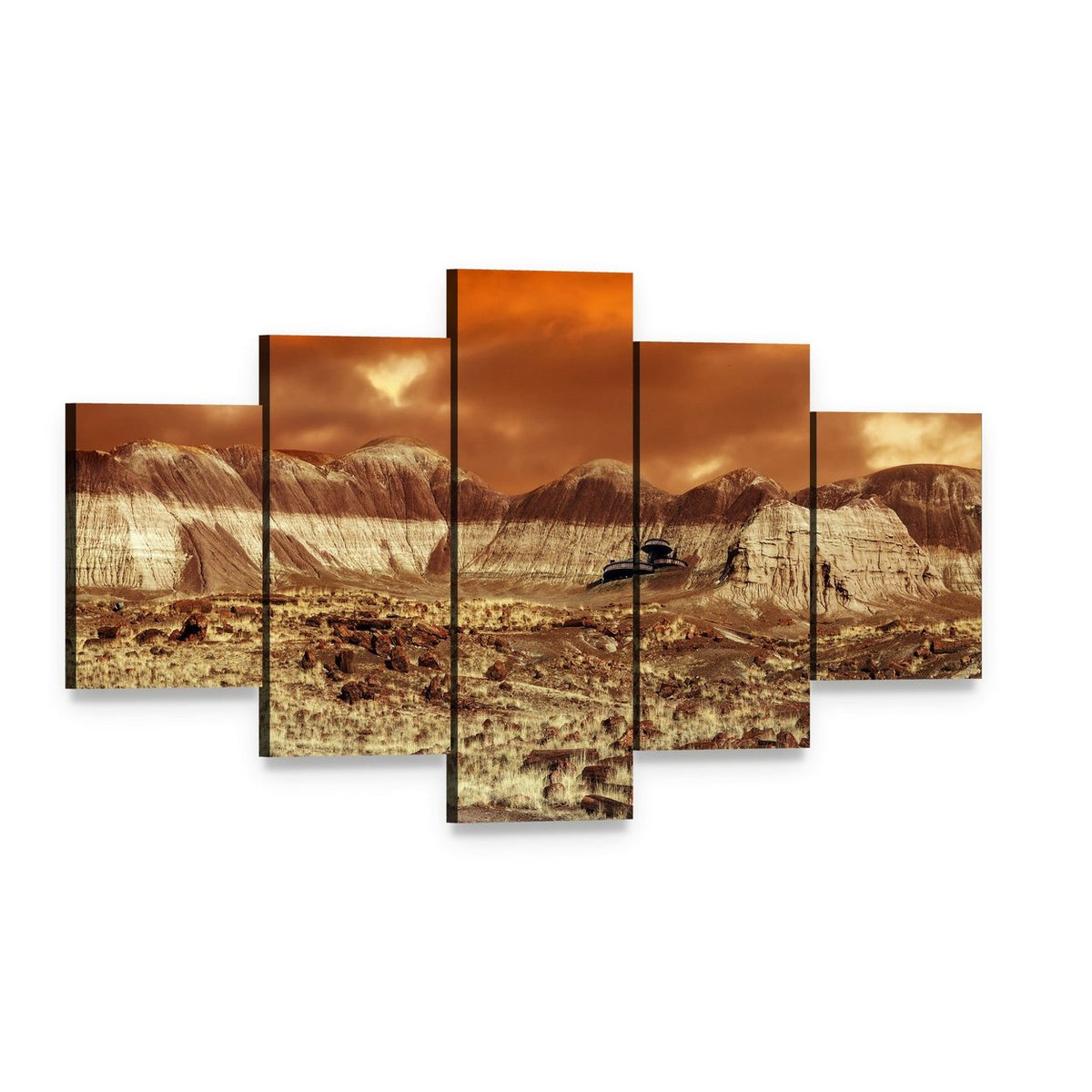 Base on Mars Abstract Canvas Wall Art, 5 panel 5 Star layout gallery wrapped canvas set, angled product view